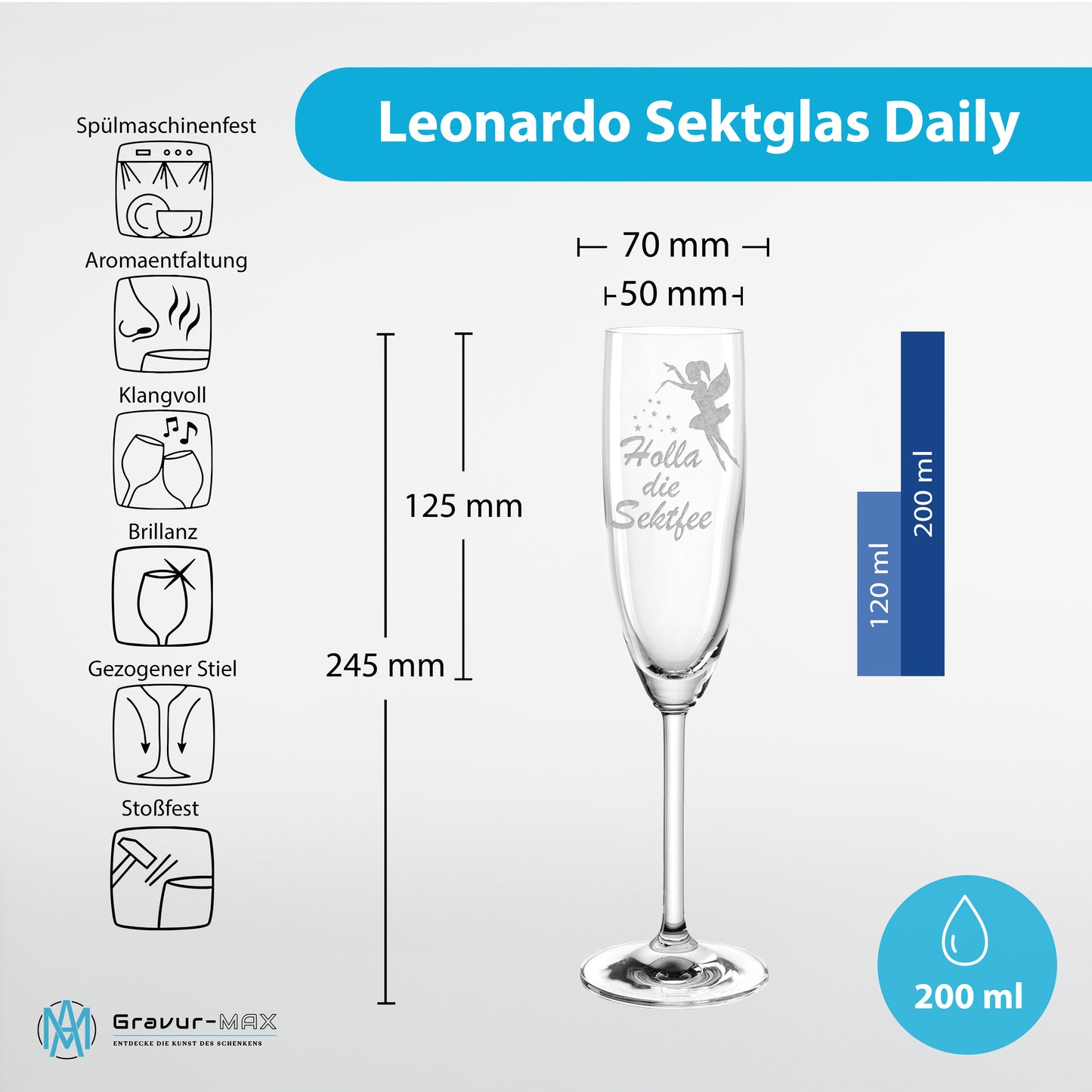 Sektglas mit Gravur Leonardo Daily "HOLLA DIE SEKTFEE"
