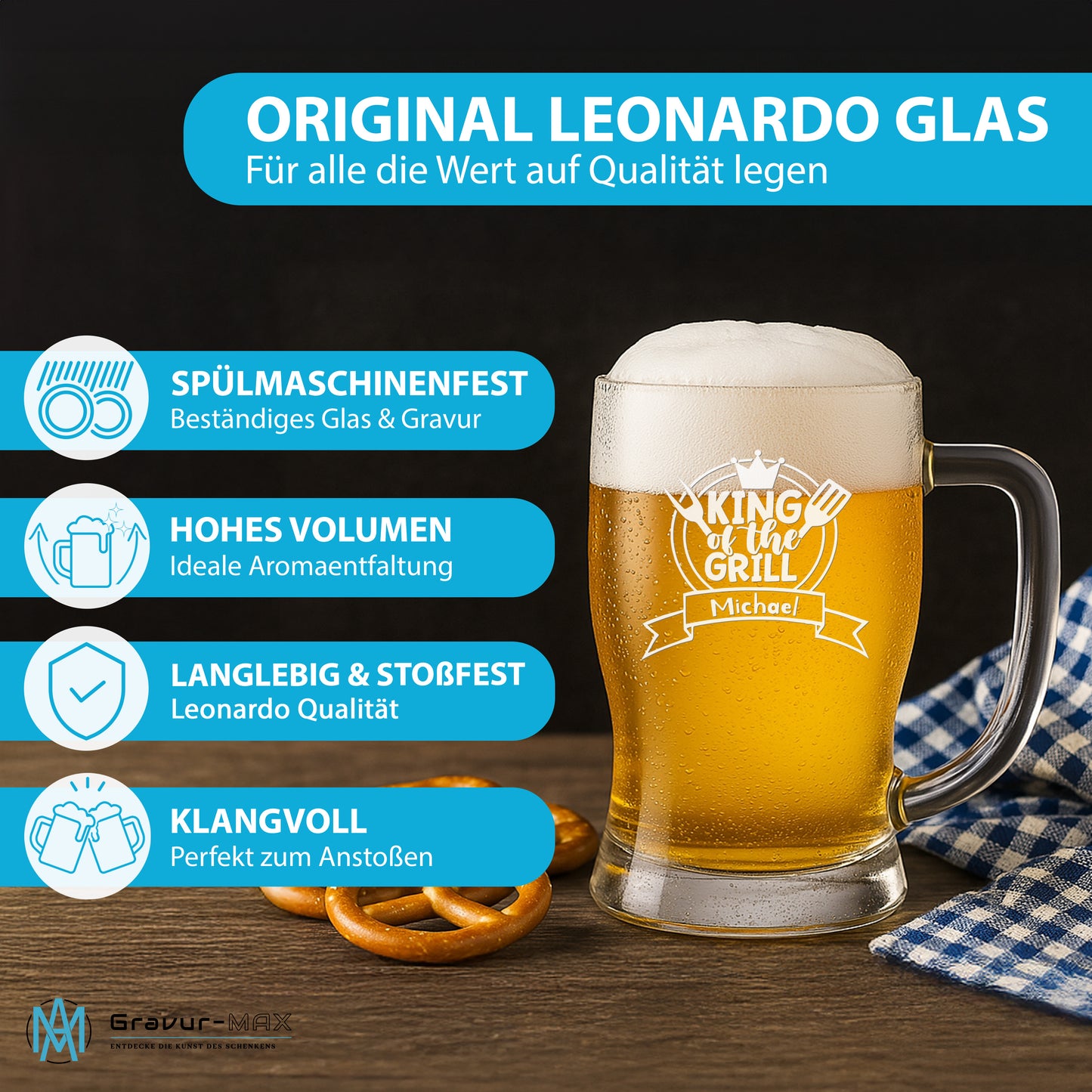 Bierkrug 0,5L mit Gravur Leonardo Taverna Bierglas "King of the Grill" 2 Gläser mit Wunschname