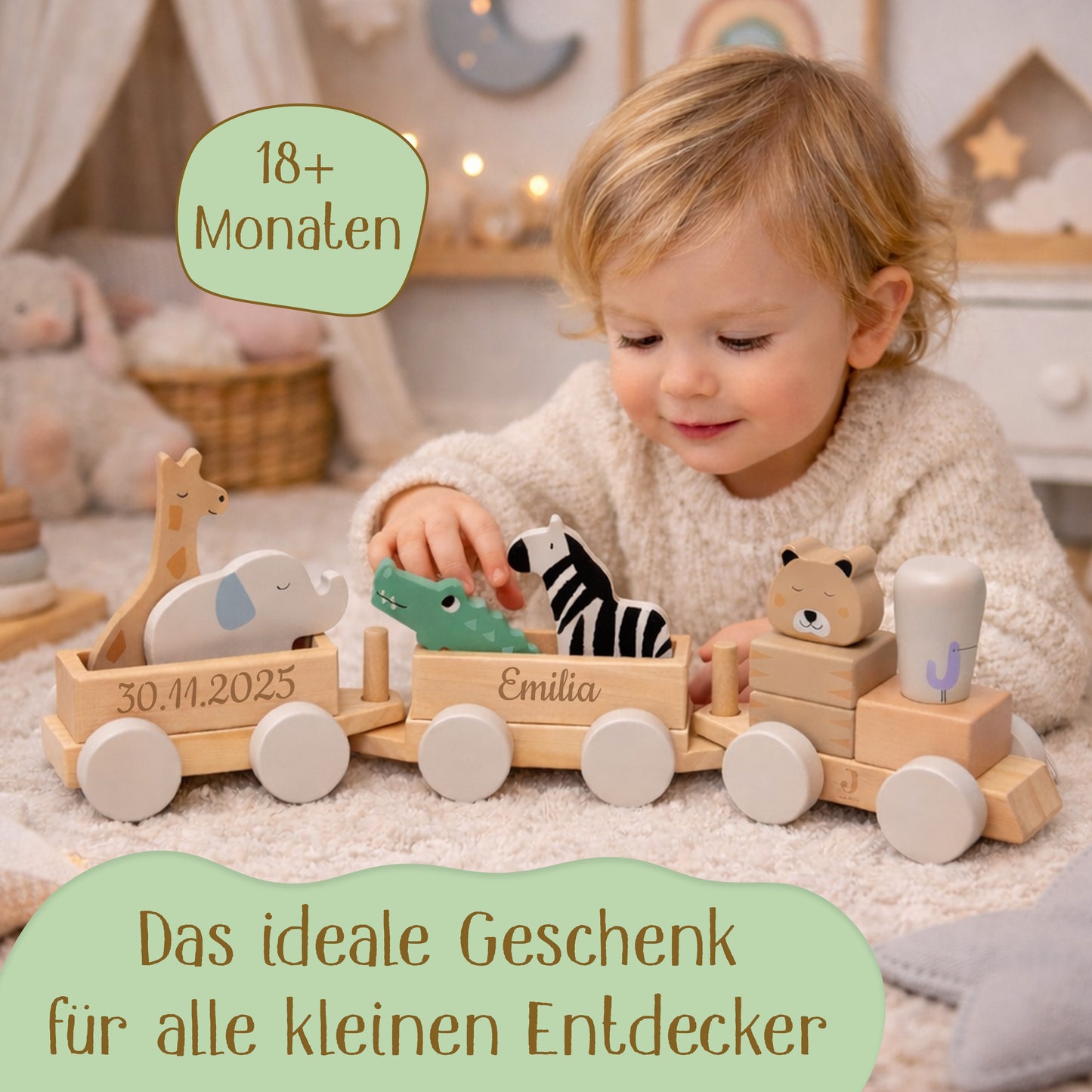 Jollein Holzzug personalisierbar mit Name & Datum aus FSC-Holz - tolle Holzeisenbahn