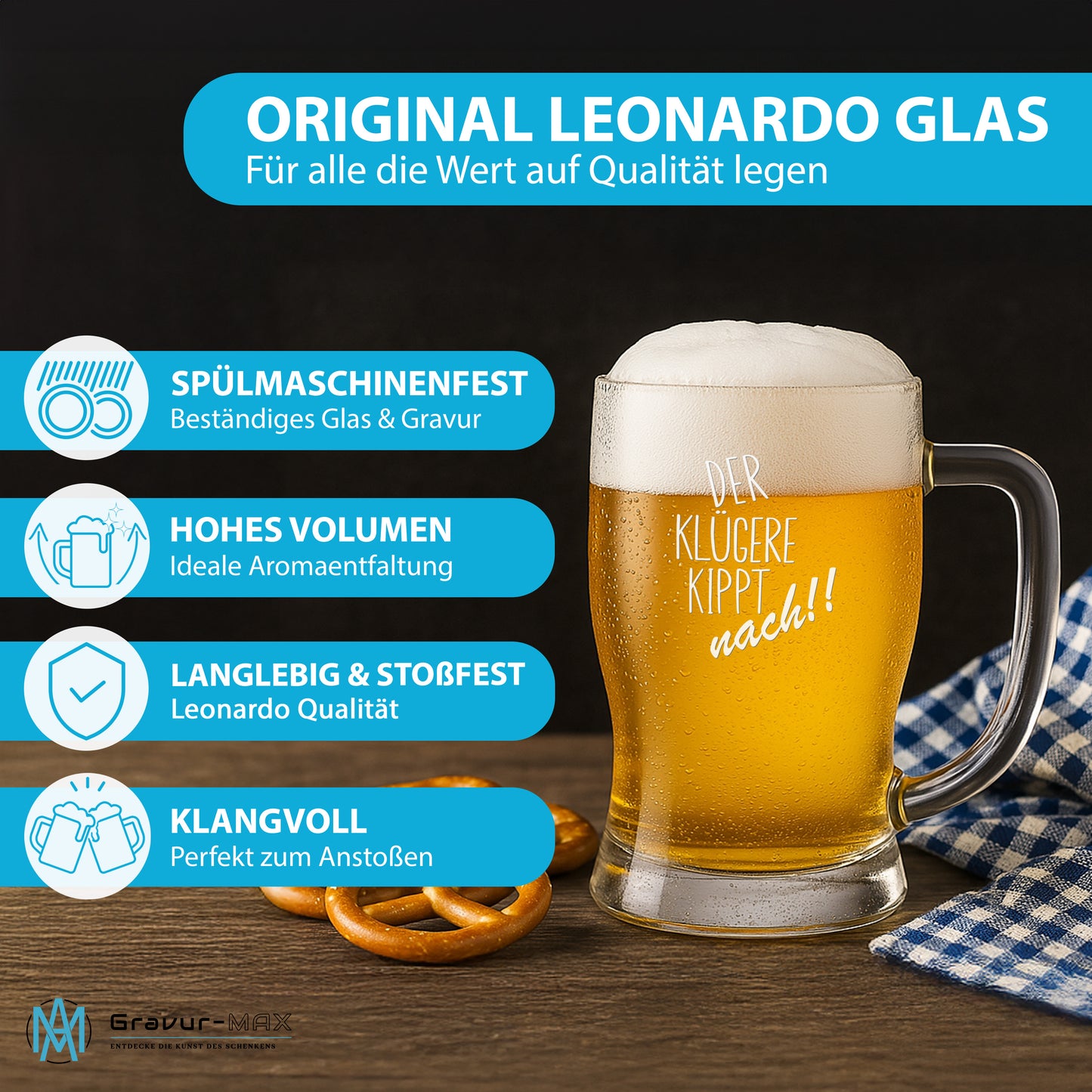 Bierkrug 0,5L mit Gravur Leonardo Taverna Bierglas "Der klügere kippt nach!!" 2 Gläser