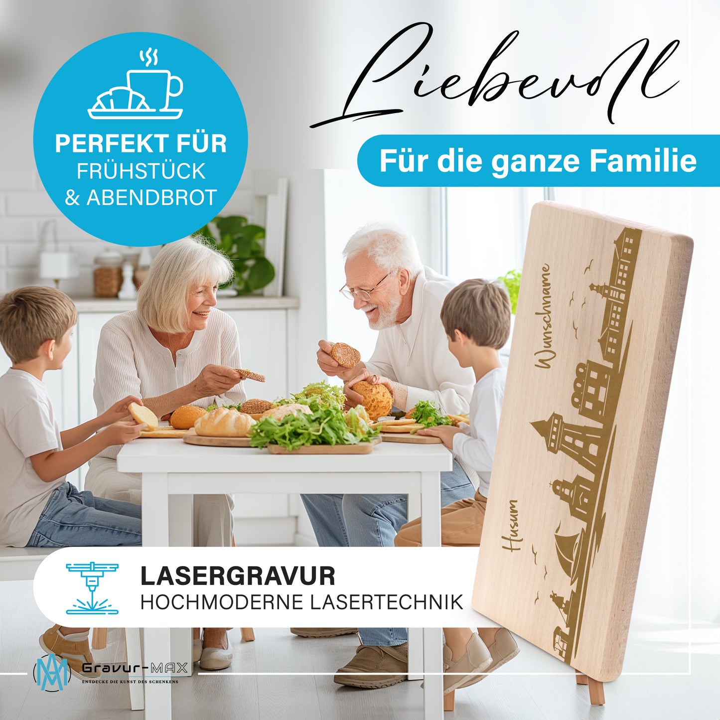 Frühstücksbrettchen 220x120mm mit Gravur mit der Skyline von Husum personalisierbar mit Wunschname