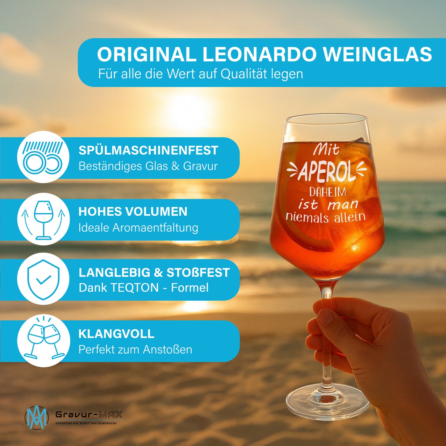 Weinglas mit Gravur Leonardo Puccini "MIT APEROL DAHEIM IST MAN NIEMALS ALLEIN" 2 Gläser