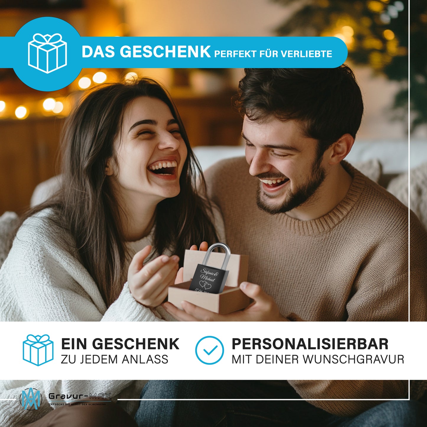 Liebesschloss in Schwarz mit Gravur "Herz" personalisiert mit Wunschnamen in 6 ver. Farben