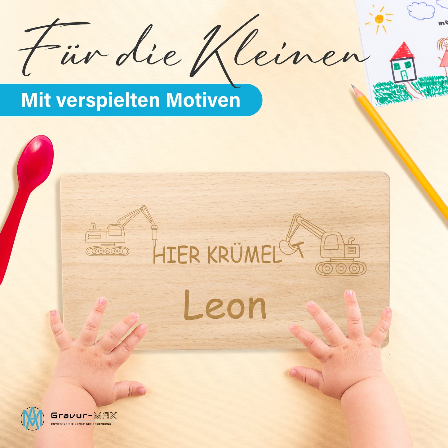Frühstücksbrettchen mit Gravur Bagger "HIER KRÜMELT" mit Wunschname
