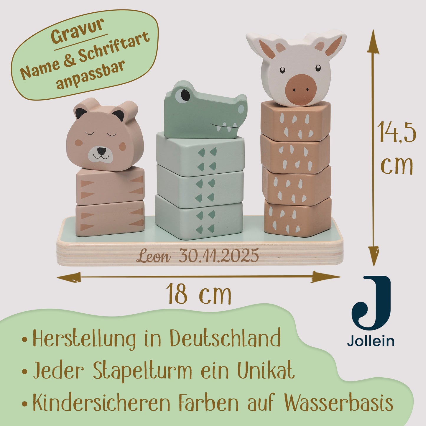 Jollein Stapelturm personalisierbar mit Name & Datum aus FSC-Holz - Babygeschenk zur Geburt oder Taufe