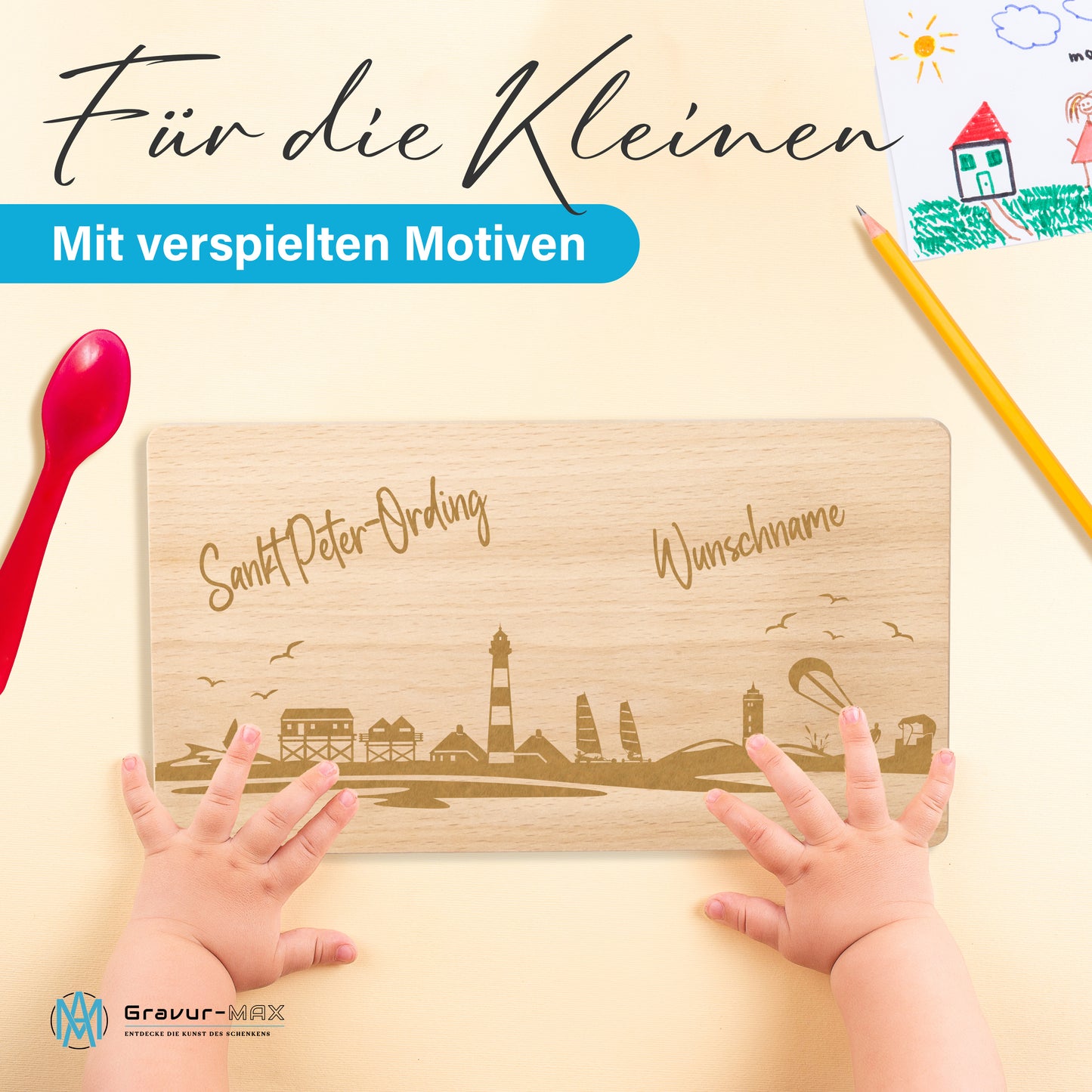 Frühstücksbrettchen 220x120mm mit Gravur mit der Skyline von Sankt Peter-Ording personalisierbar mit Wunschname