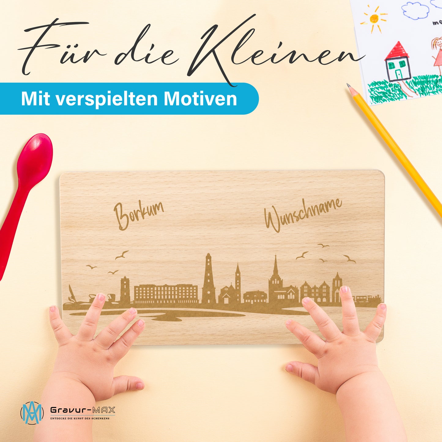 Frühstücksbrettchen 220x120mm mit Gravur mit der Skyline von Borkum personalisierbar mit Wunschname