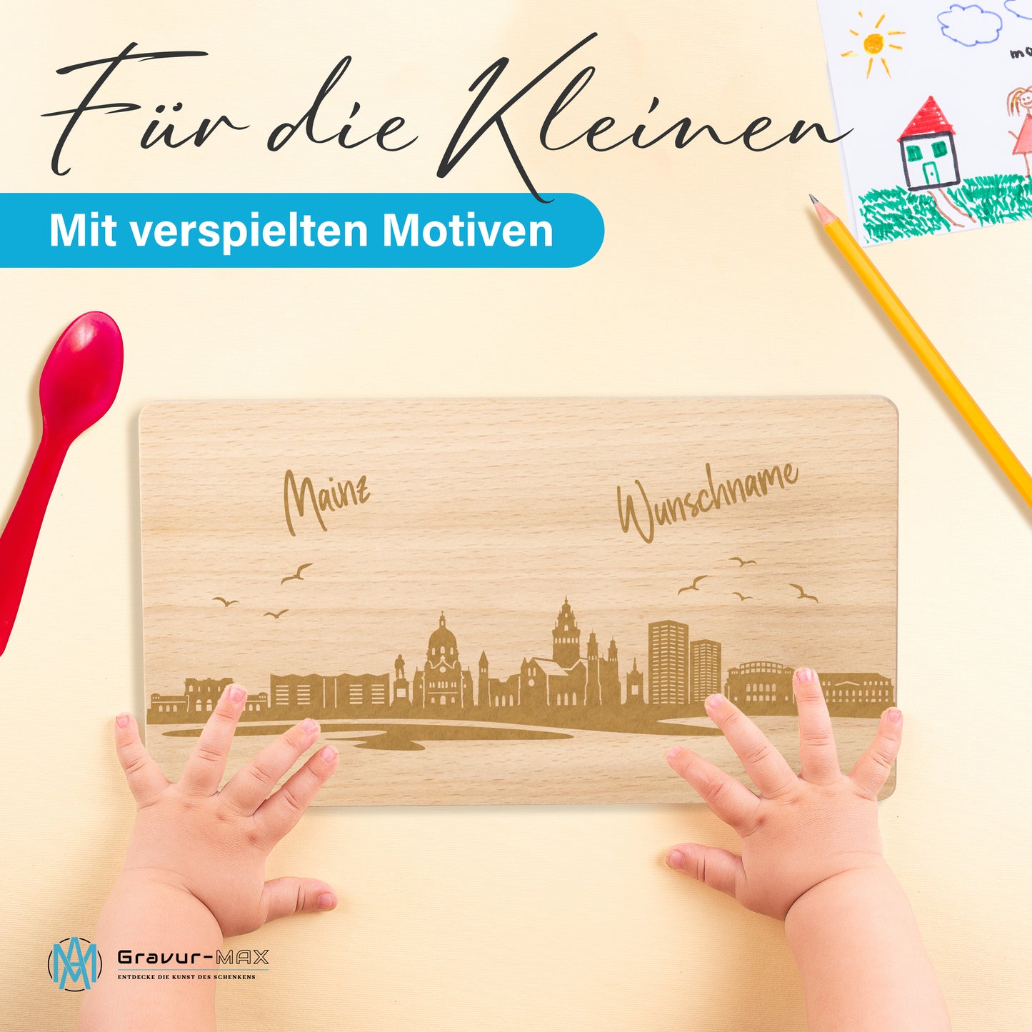 Frühstücksbrettchen 220x120mm mit Gravur mit der Skyline von Mainz personalisierbar mit Wunschname