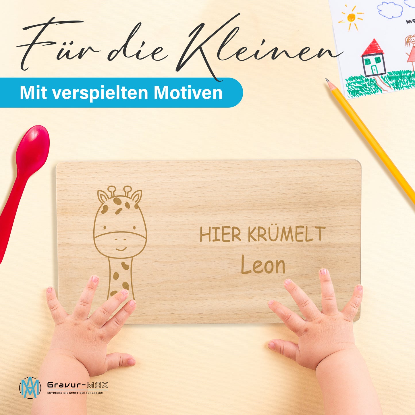 Frühstücksbrettchen 220x120mm mit Gravur "HIER KRÜMELT" niedliche Giraffe und Wunschname