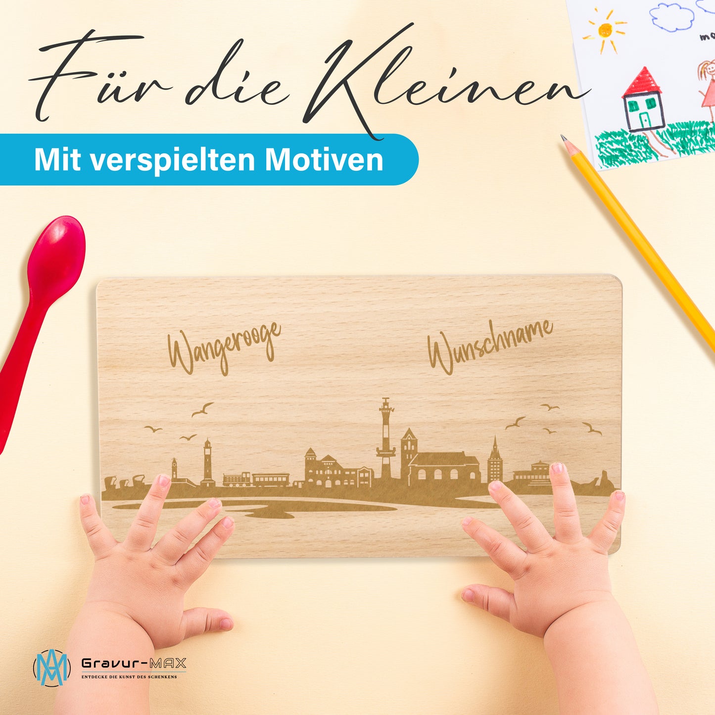 Frühstücksbrettchen 220x120mm mit Gravur mit der Skyline von Wangerooge personalisierbar mit Wunschname