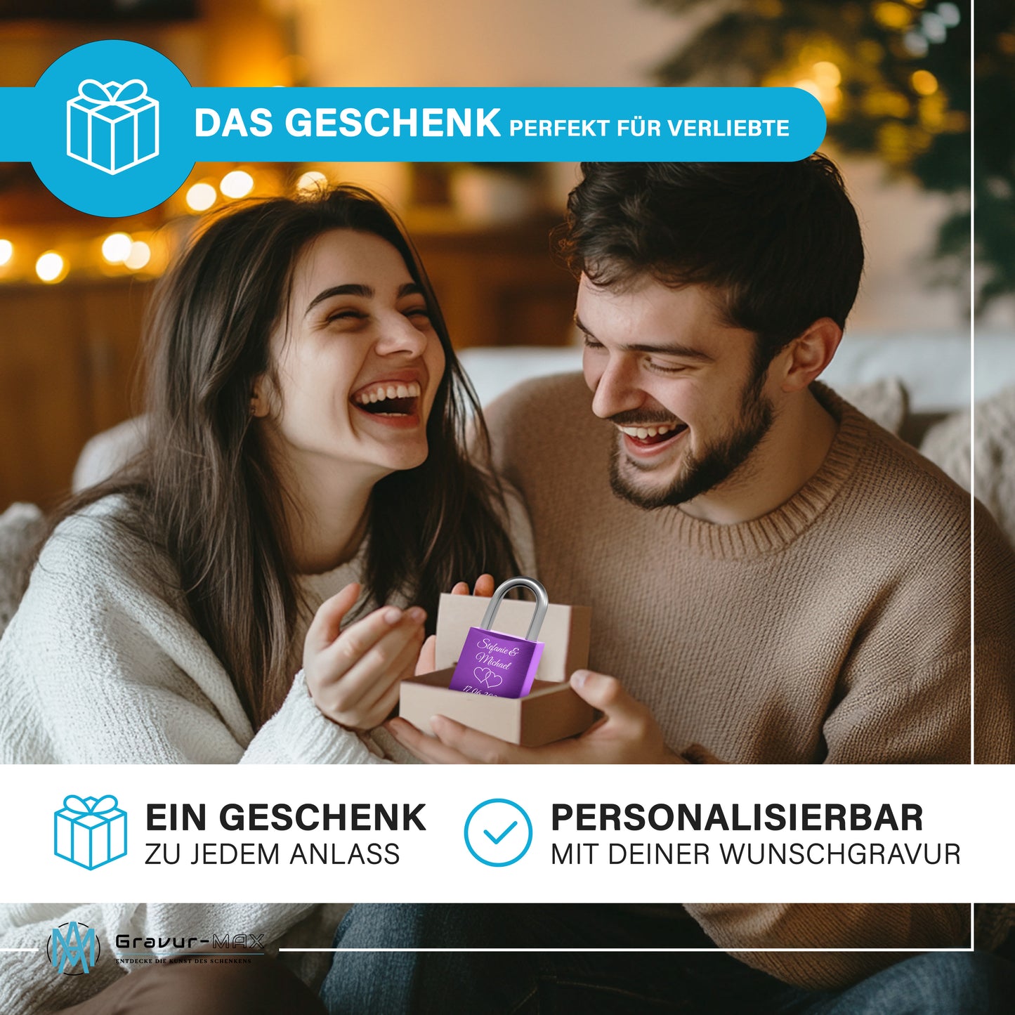 Liebesschloss in Lila mit Gravur "Amor" personalisiert mit Wunschnamen in 6 ver. Farben