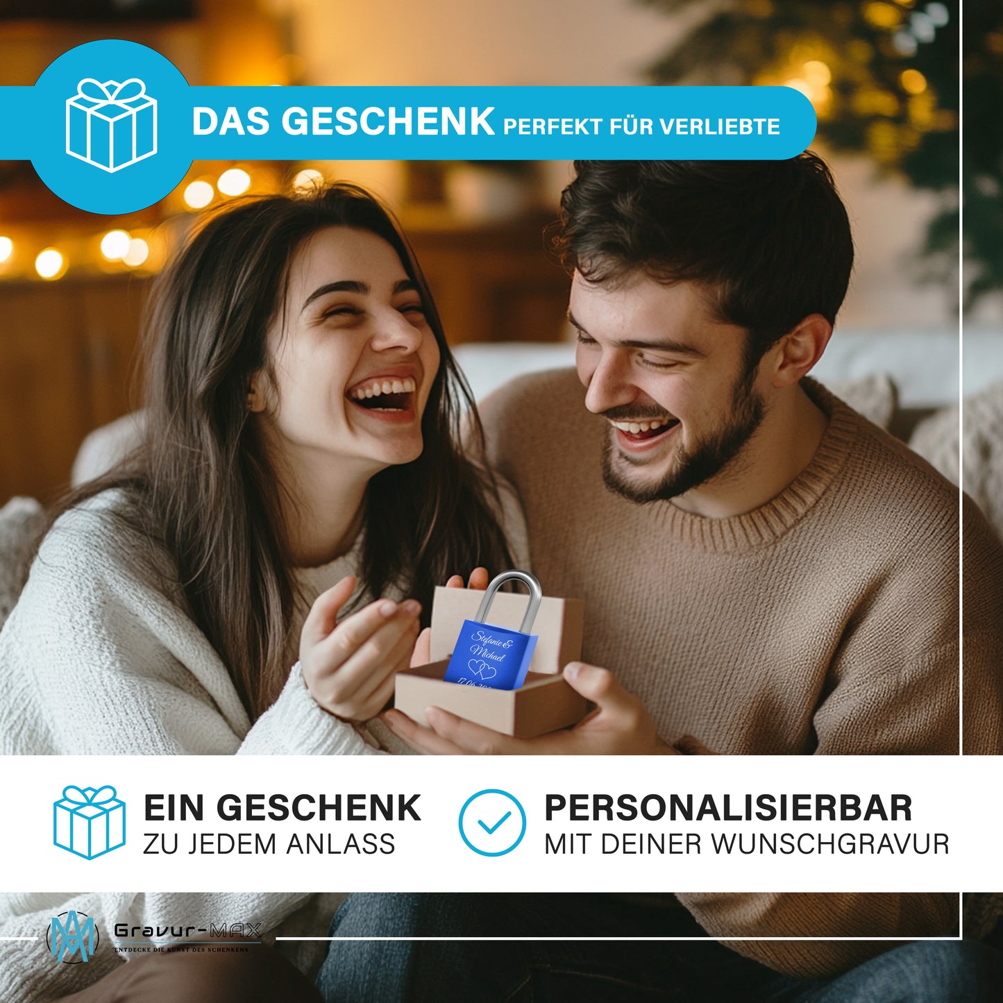 Liebesschloss in Blau mit Gravur "Herzranke" personalisiert mit Wunschnamen in 6 ver. Farben