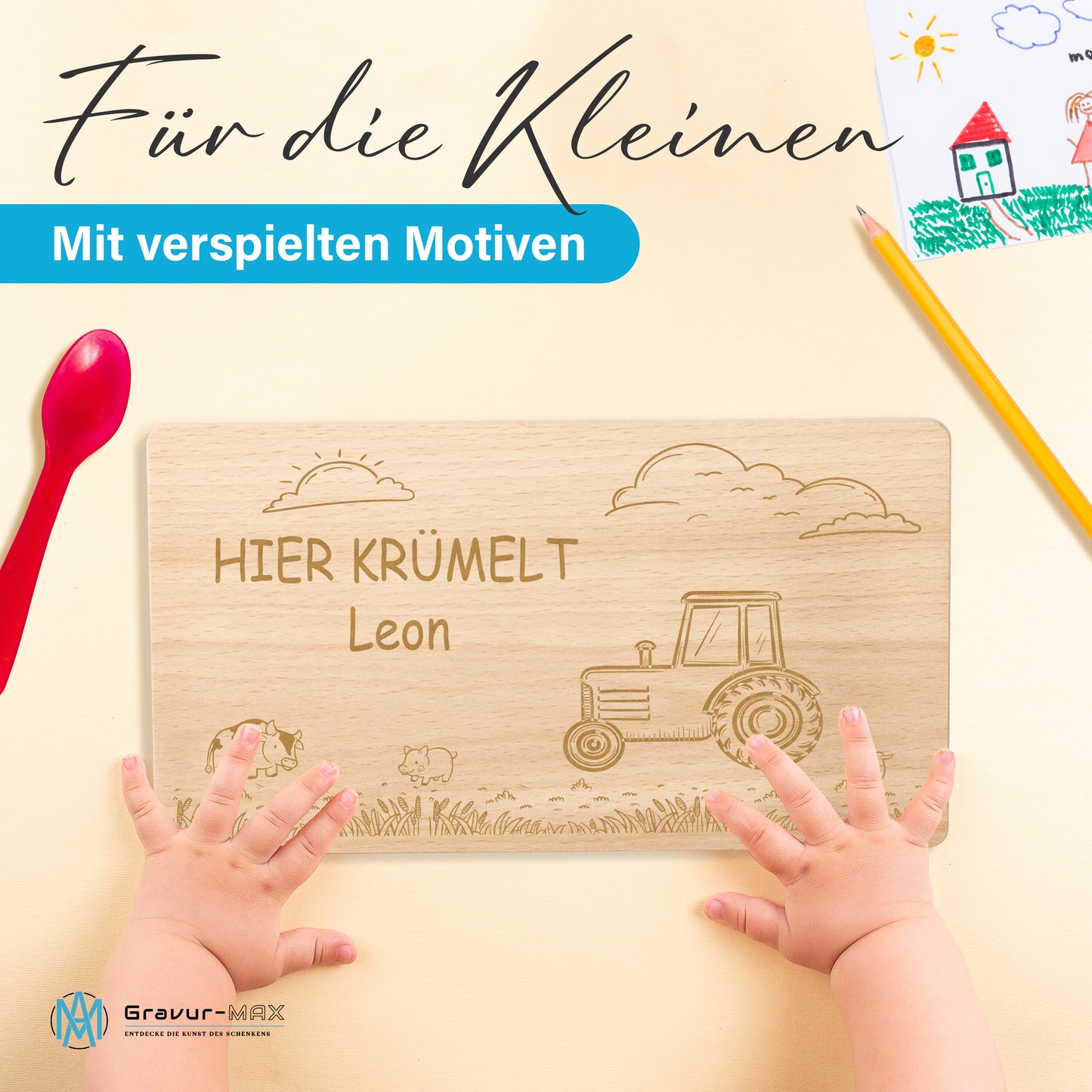 Frühstücksbrettchen mit Gravur Traktor "HIER KRÜMELT" mit Wunschname