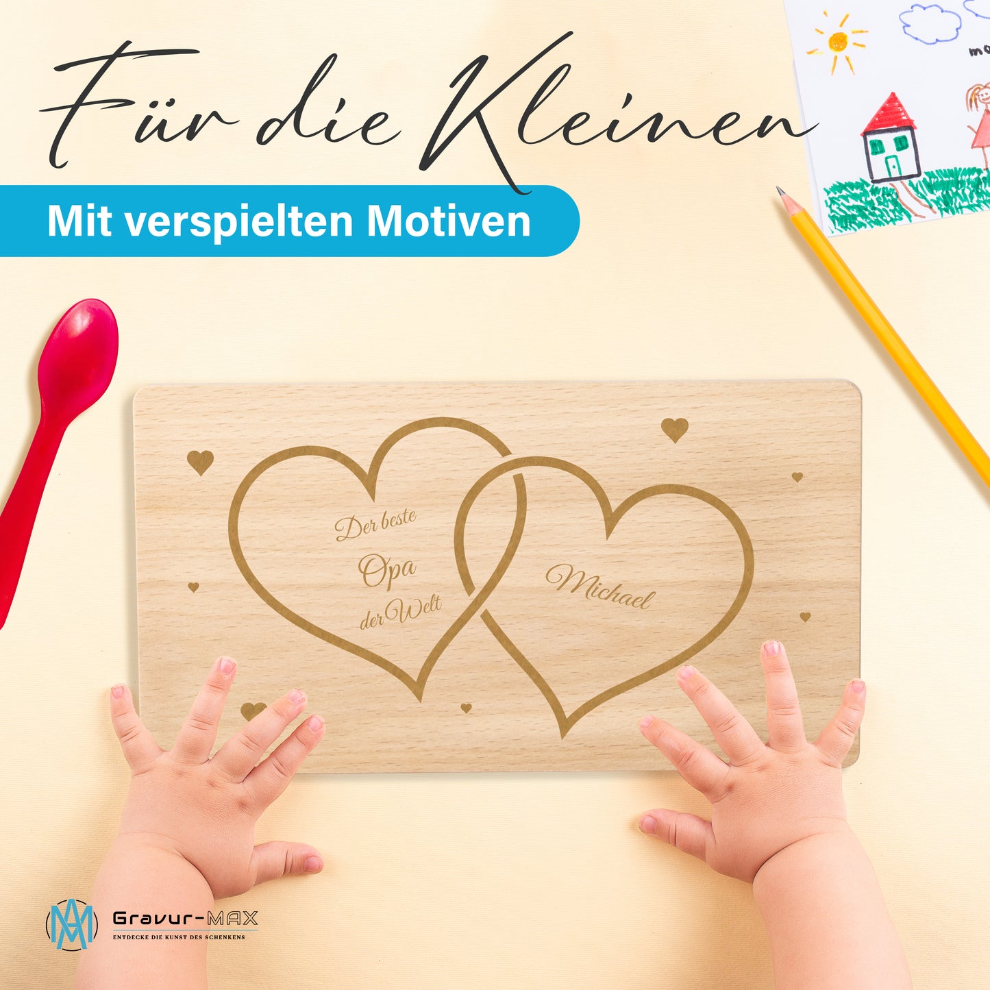 Frühstücksbrettchen mit Gravur Herzen "DER BESTE OPA DER WELT" mit Wunschname