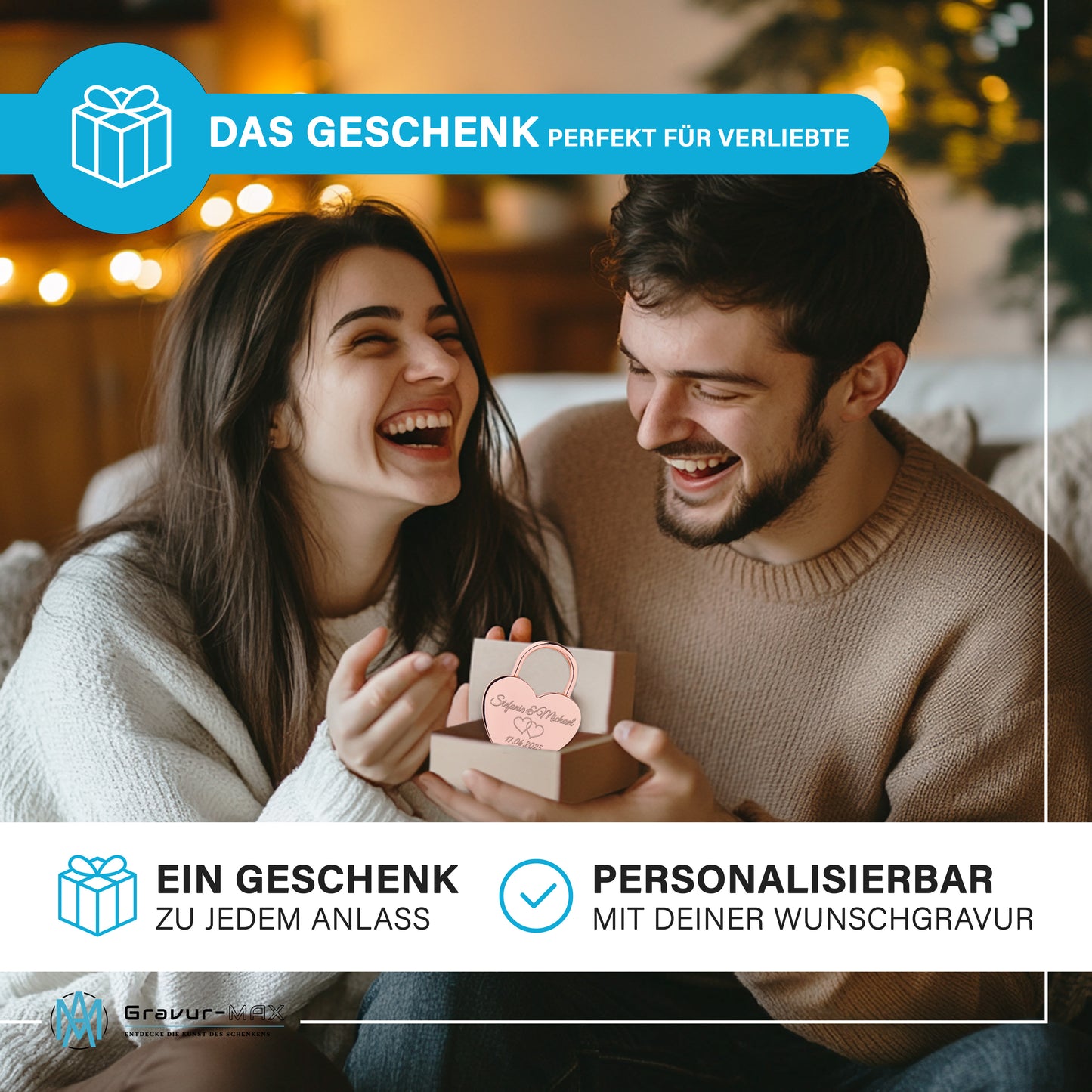 Herzschloss in Rose mit Gravur "Eheringe" Liebesschloss personalisiert mit Wunschnamen in 4 ver. Farben