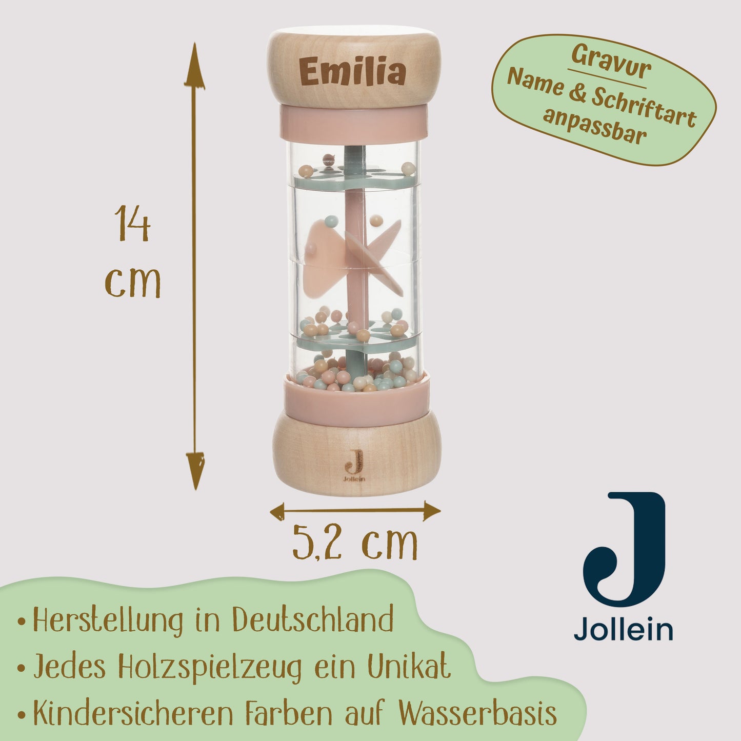 Jollein Regenmacher Rosa personalisierbar mit Name aus FSC-Holz - Babyrassel - Babygeschenk zur Geburt oder Taufe