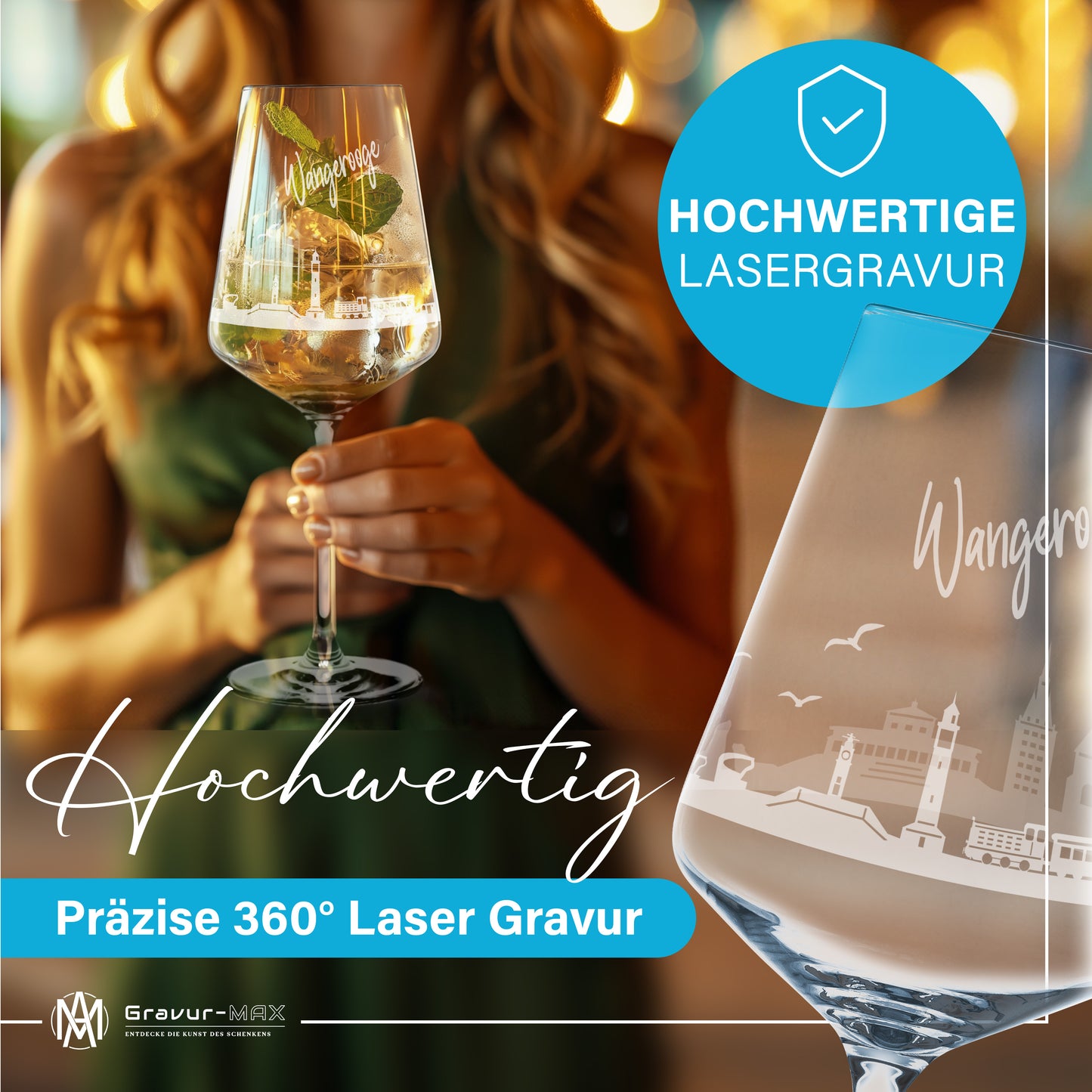 Weinglas mit Gravur Leonardo Puccini "SKYLINE WANGEROOGE" 2 Gläser optional mit Wunschname