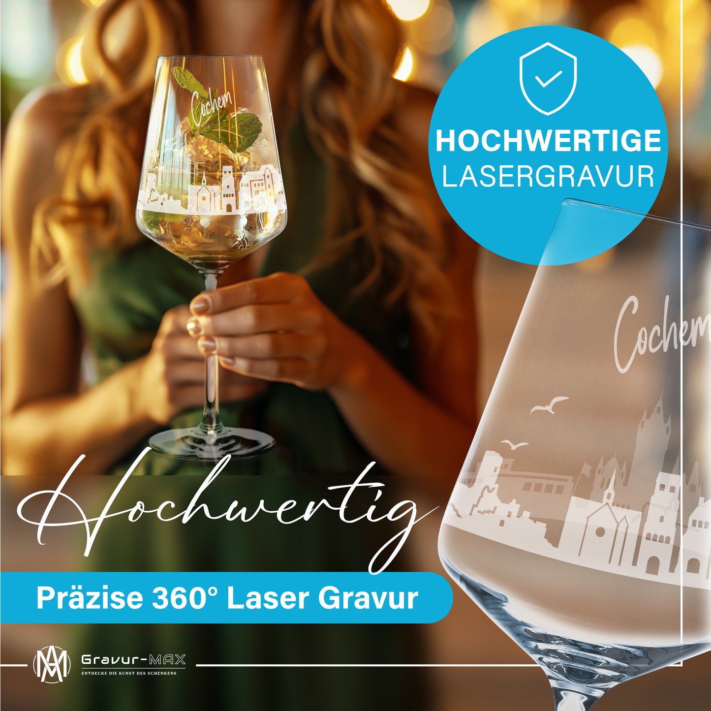 Weinglas mit Gravur Leonardo Puccini "SKYLINE COCHEM" optional mit Wunschname