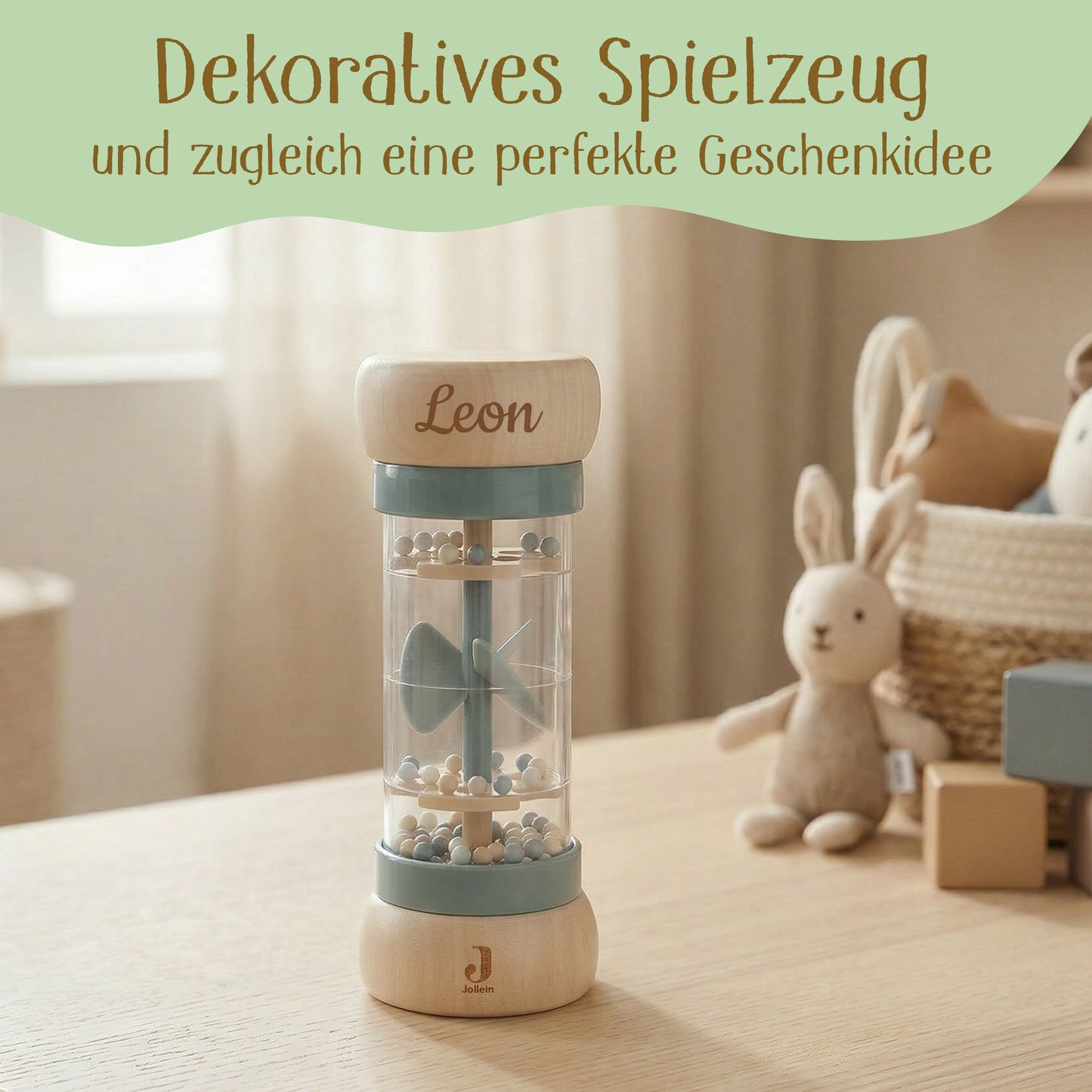 Jollein Regenmacher Blau personalisierbar mit Name aus FSC-Holz - Babyrassel - Babygeschenk zur Geburt oder Taufe