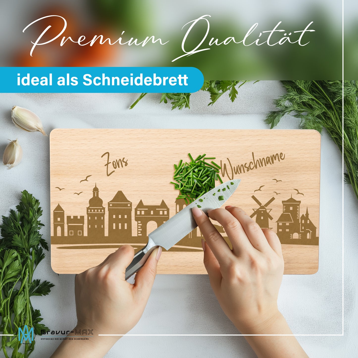 Frühstücksbrettchen 220x120mm mit Gravur mit der Skyline von Zons (Dormagen) personalisierbar mit Wunschname