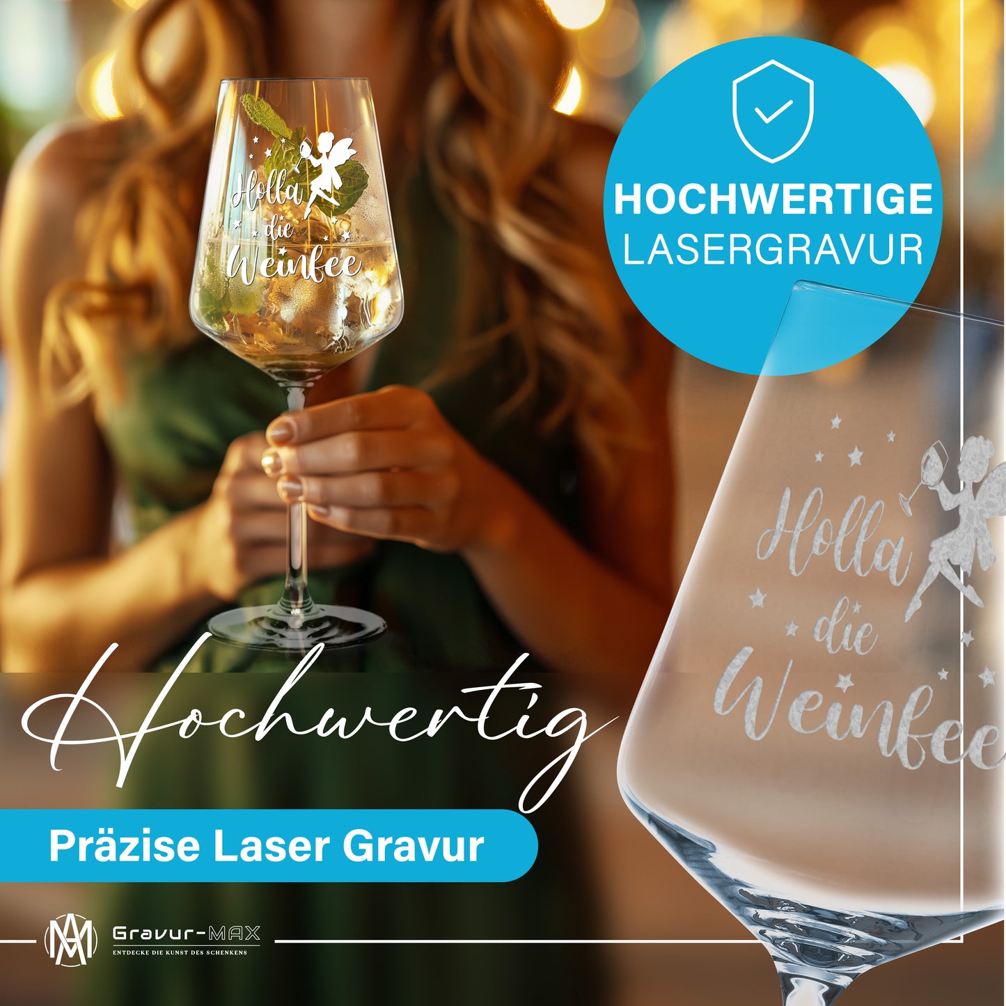 Weinglas mit Gravur Leonardo Puccini "HOLLA DIE WEINFEE" 2 Gläser