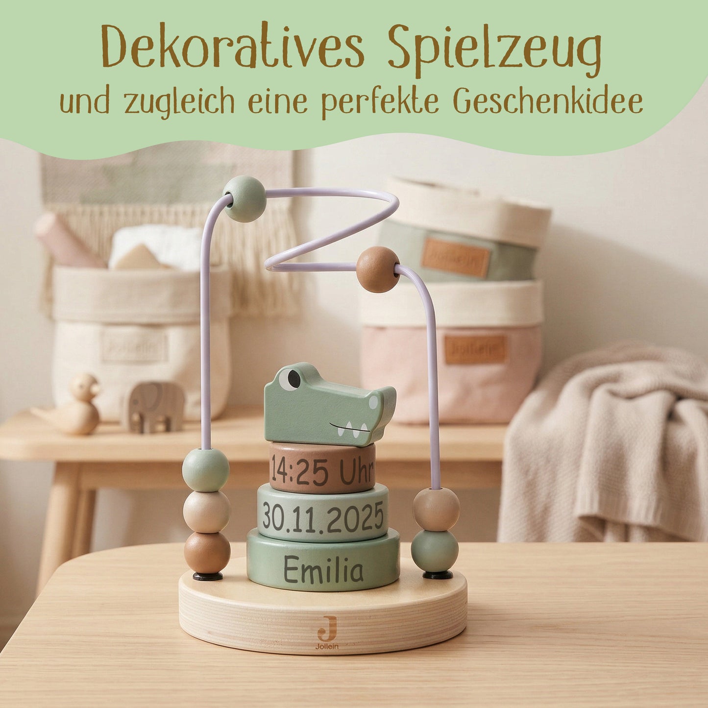 Jollein Aktivitätsspirale Kroko personalisierbar mit Name & Datum aus FSC-Holz - Motorikspielzeug - Babygeschenk zur Geburt oder Taufe