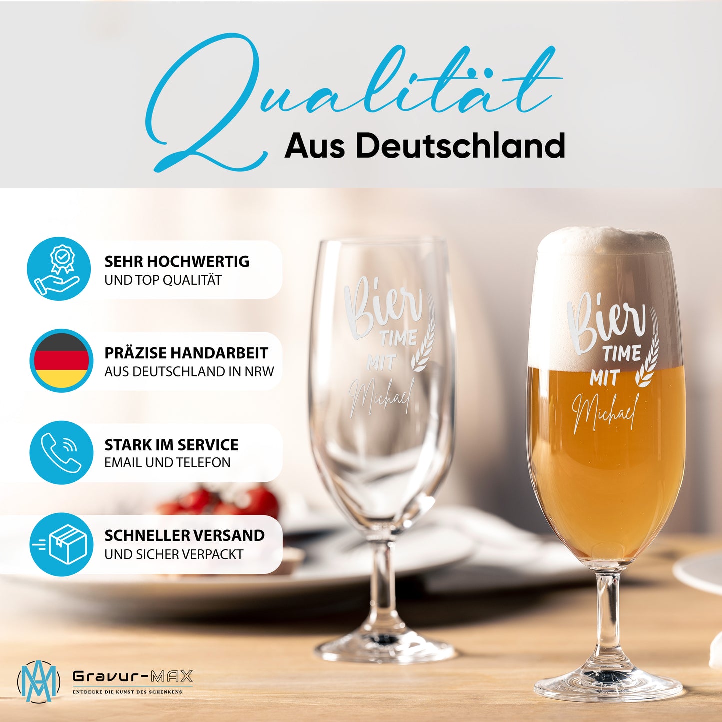 Bierglas mit Gravur Leonardo Daily Pilsglas "Bier time mit" 2 Gläser mit Wunschname