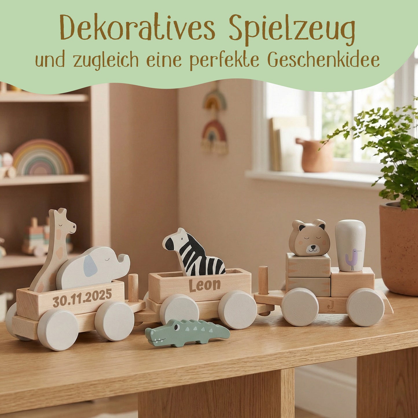 Jollein Holzzug personalisierbar mit Name & Datum aus FSC-Holz - tolle Holzeisenbahn