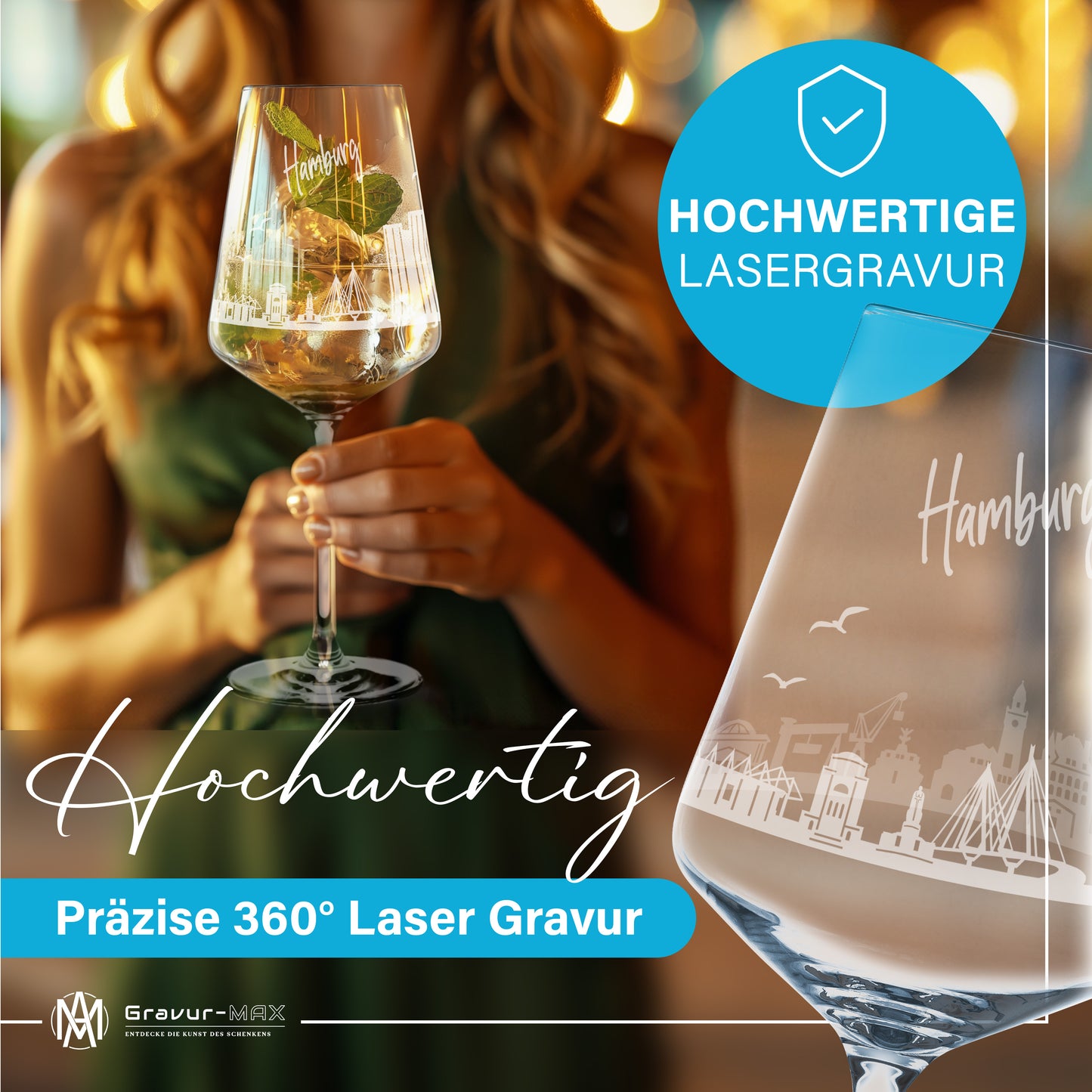 Weinglas mit Gravur Leonardo Puccini "SKYLINE HAMBURG" optional mit Wunschname