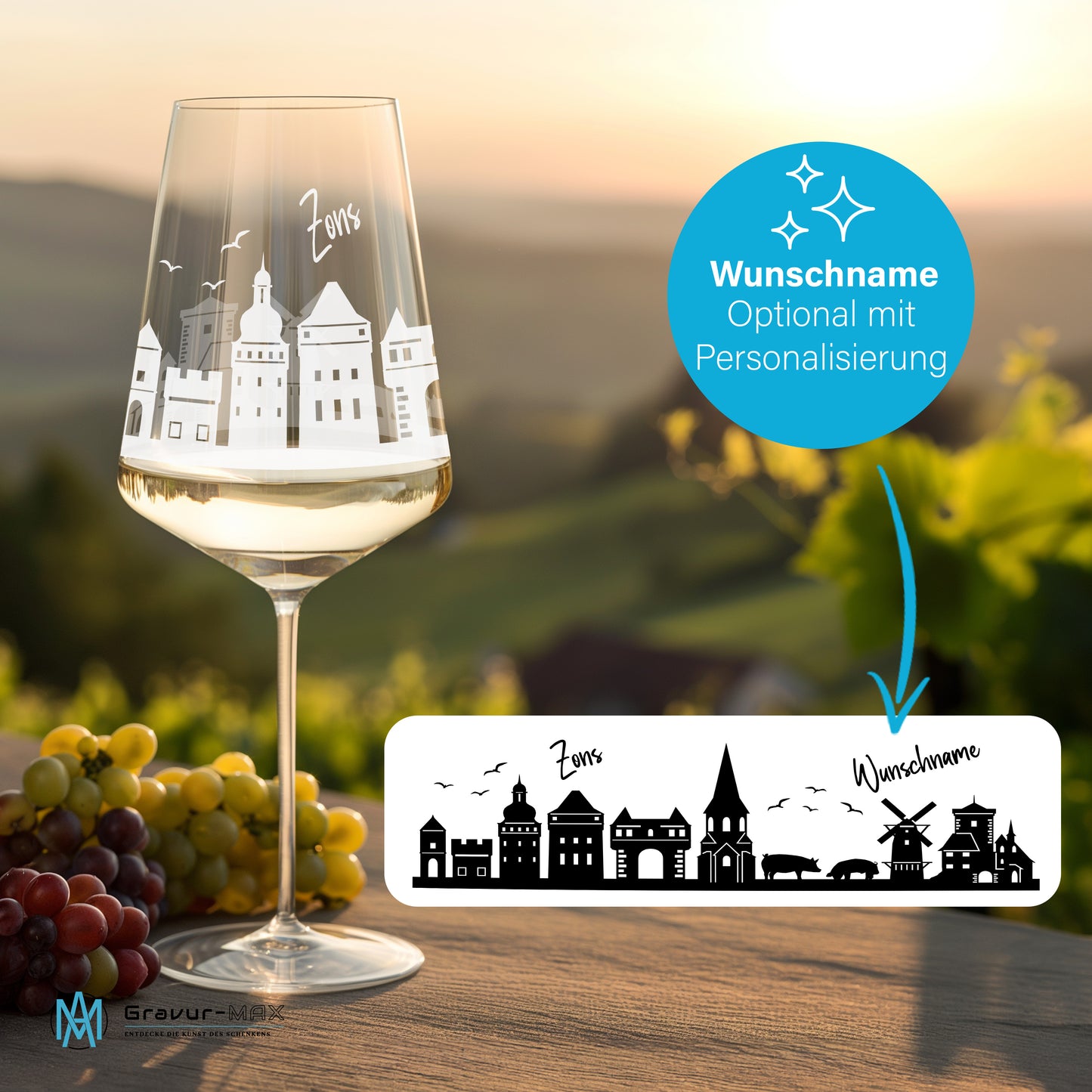 Weinglas mit Gravur Leonardo Puccini "SKYLINE DORMAGEN ZONS" 2 Gläser optional mit Wunschname
