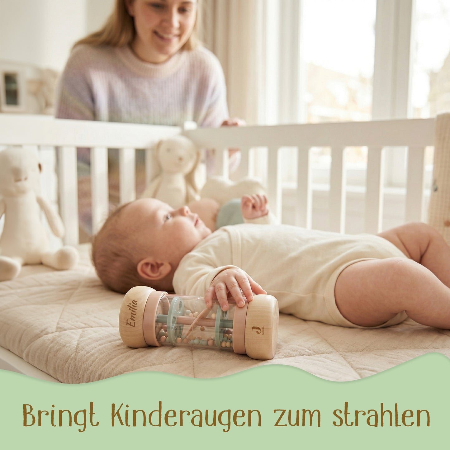 Jollein Regenmacher Rosa personalisierbar mit Name aus FSC-Holz - Babyrassel - Babygeschenk zur Geburt oder Taufe