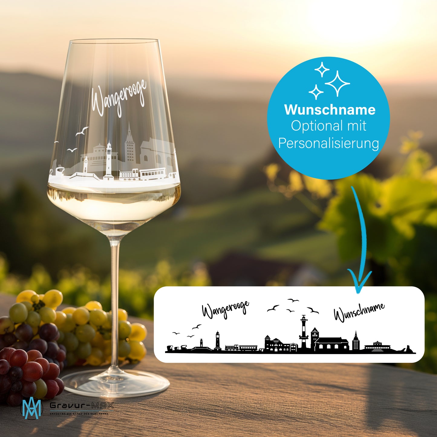 Weinglas mit Gravur Leonardo Puccini "SKYLINE WANGEROOGE" optional mit Wunschname