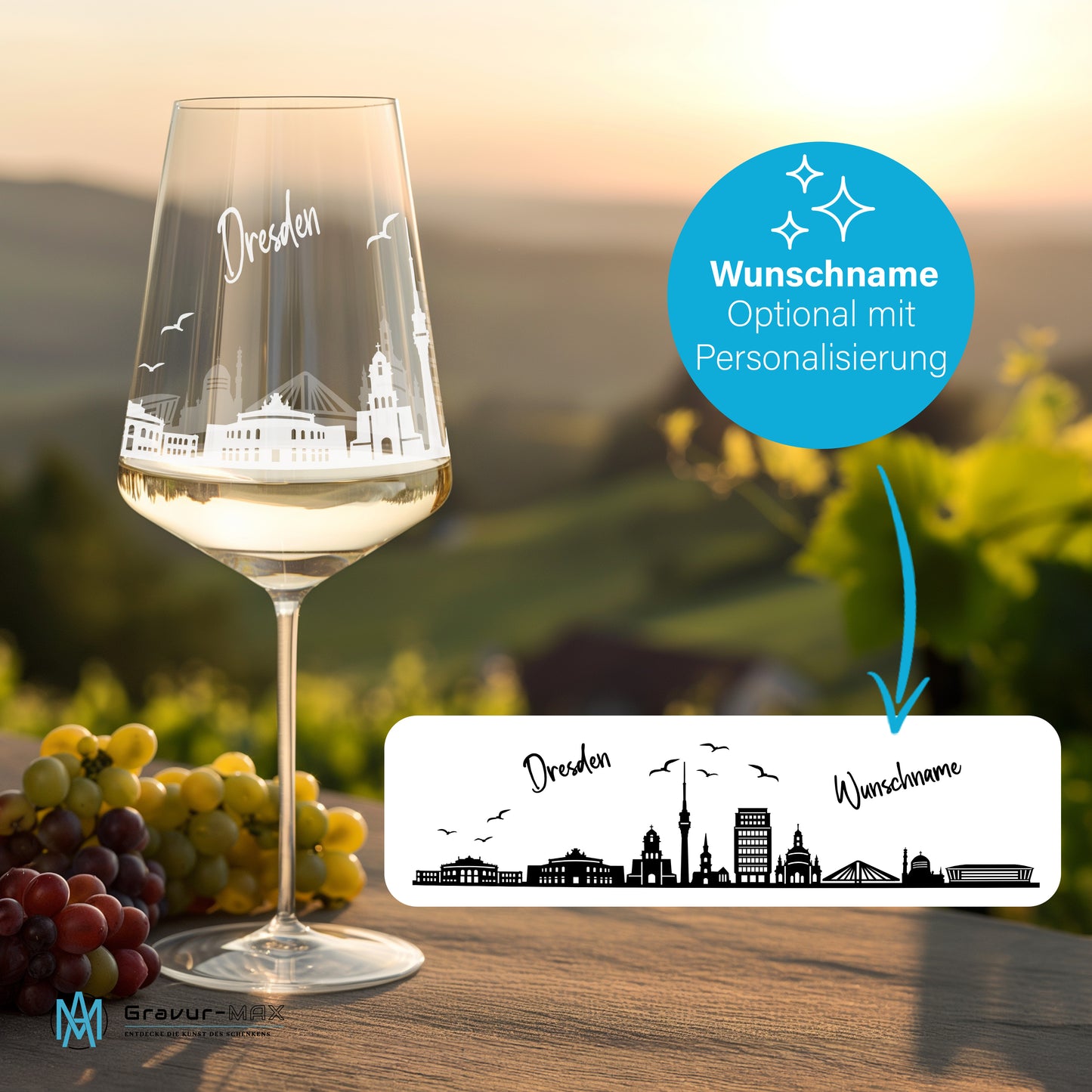Weinglas mit Gravur Leonardo Puccini "SKYLINE DRESDEN" 2 Gläser optional mit Wunschname