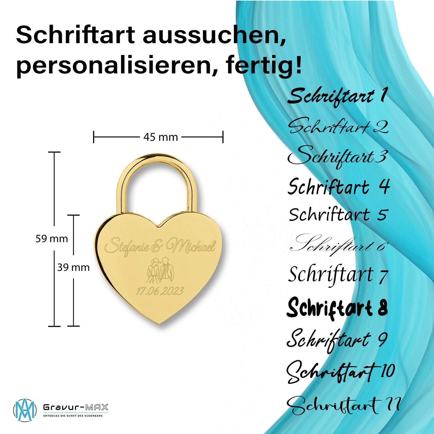 Herzschloss in Gold mit Gravur "Doppelherz" Liebesschloss personalisiert mit Wunschnamen in 4 ver. Farben