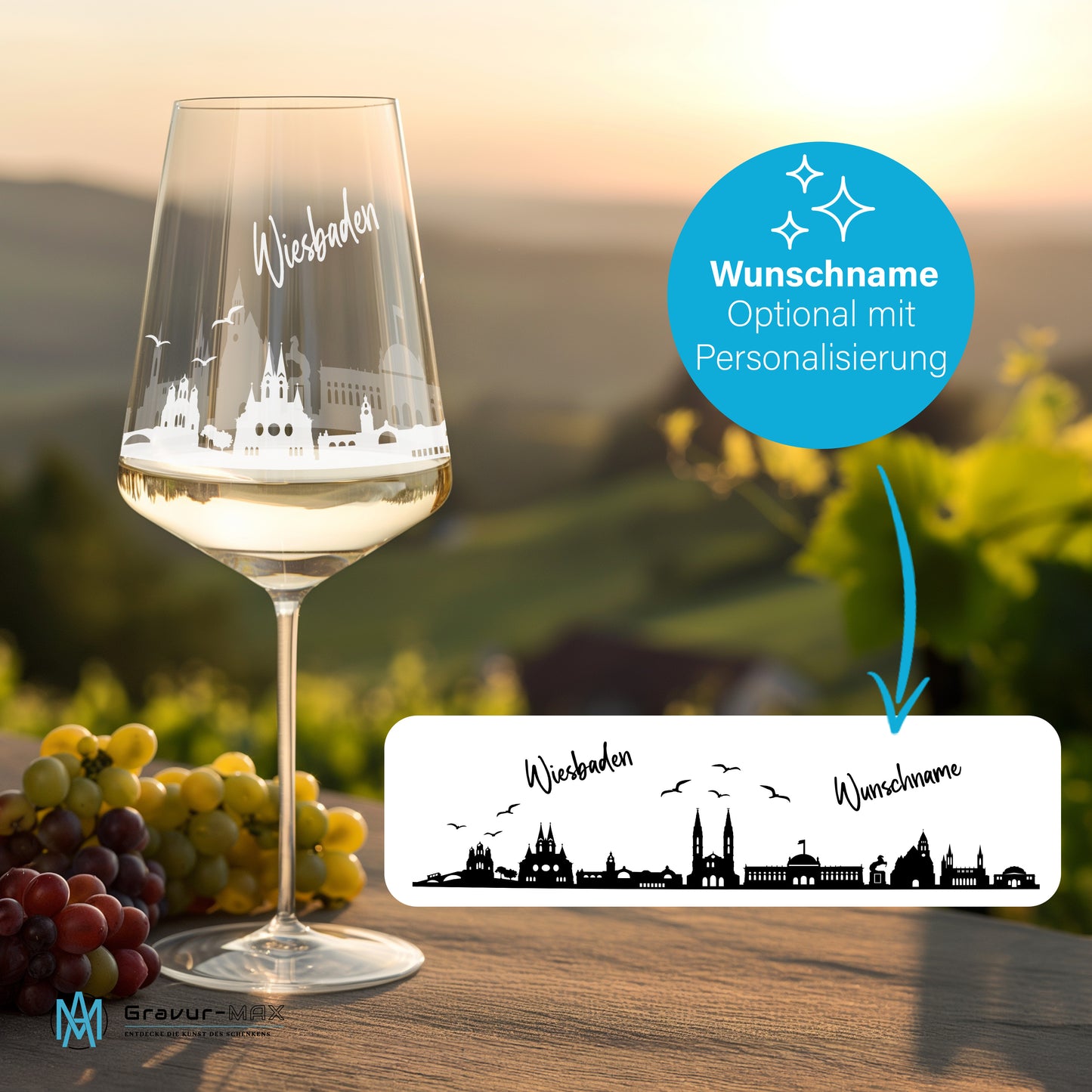 Weinglas mit Gravur Leonardo Puccini "SKYLINE WIESBADEN" optional mit Wunschname