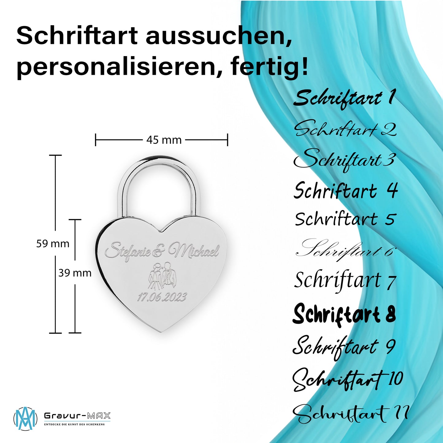 Herzschloss in Silber mit Gravur "Unendlich in LOVE" Liebesschloss personalisiert mit Wunschnamen in 4 ver. Farben