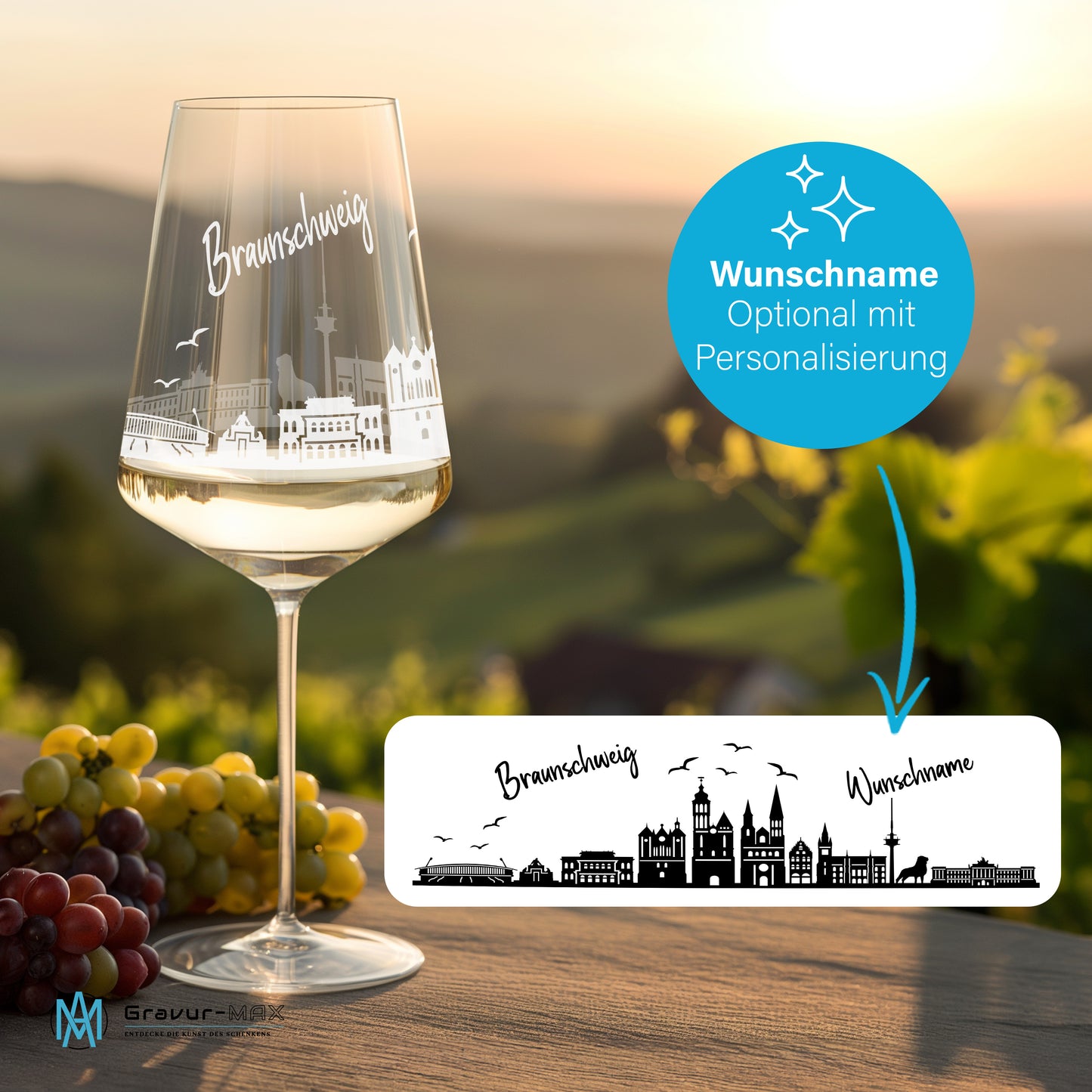 Weinglas mit Gravur Leonardo Puccini "SKYLINE BRAUNSCHWEIG" optional mit Wunschname