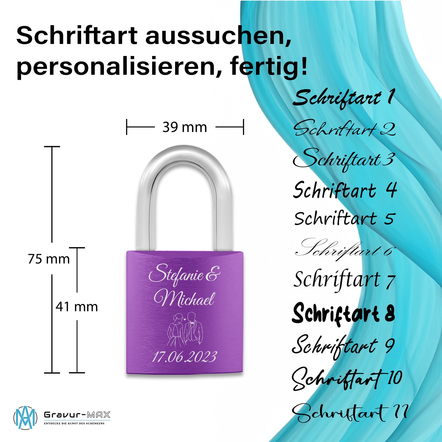 Liebesschloss in Lila mit Gravur "Amor" personalisiert mit Wunschnamen in 6 ver. Farben