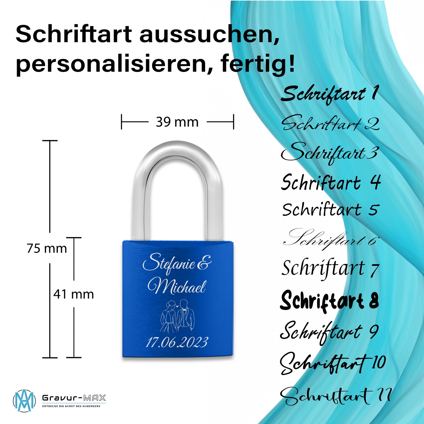 Liebesschloss in Blau mit Gravur "Herzen" personalisiert mit Wunschnamen in 6 ver. Farben