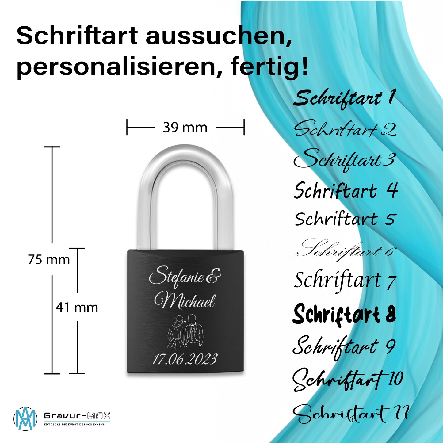 Liebesschloss in Schwarz mit Gravur "Amor" personalisiert mit Wunschnamen in 6 ver. Farben