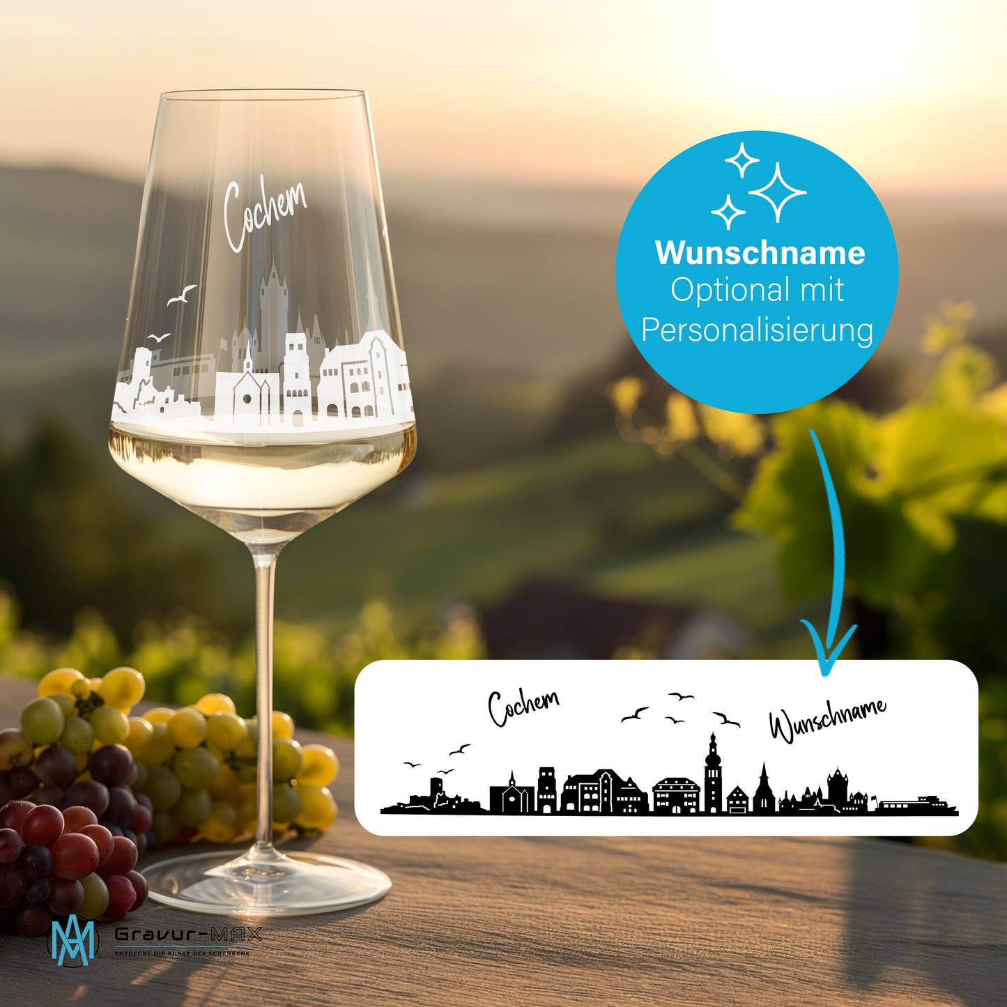 Weinglas mit Gravur Leonardo Puccini "SKYLINE COCHEM" optional mit Wunschname