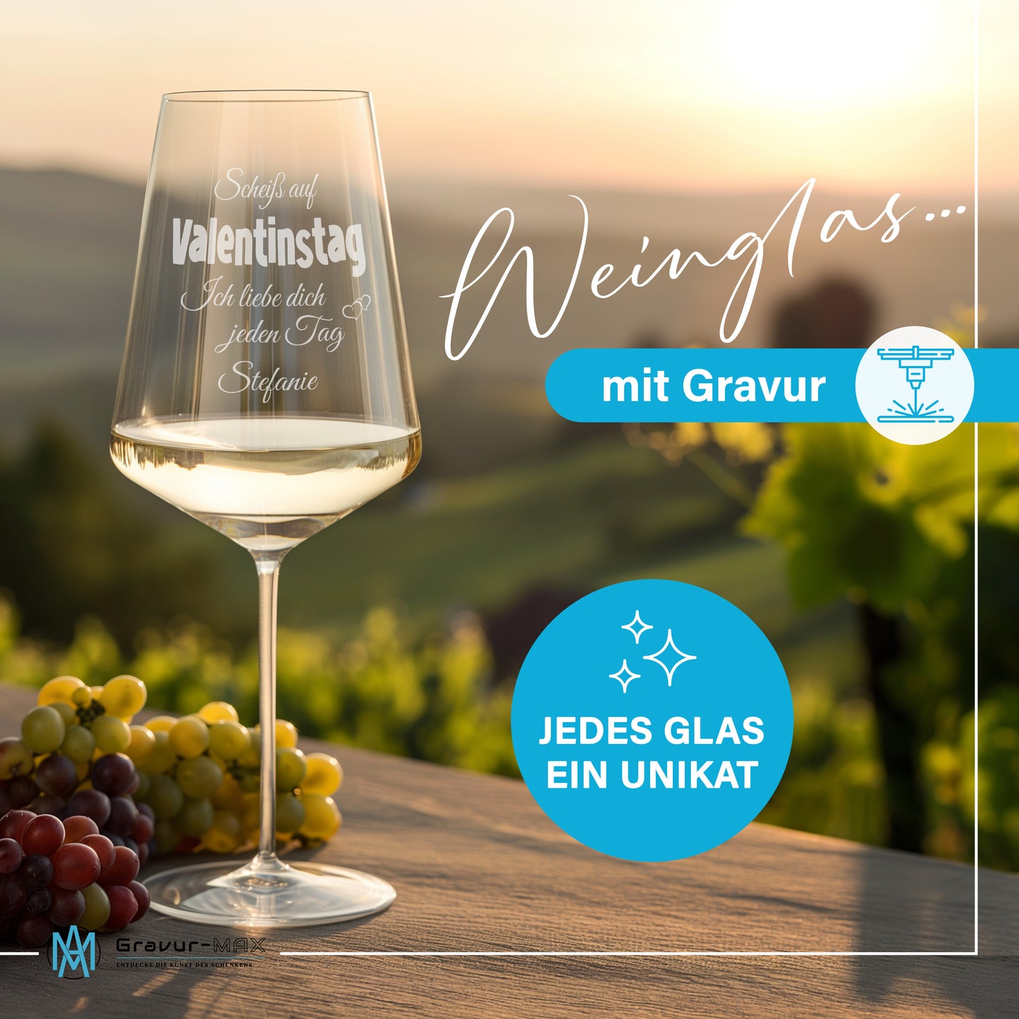 Weinglas mit Gravur Leonardo Puccini "SCHEIß AUF VALENTINSTAG ICH LIEBE DICH JEDEN TAG" mit Wunschname
