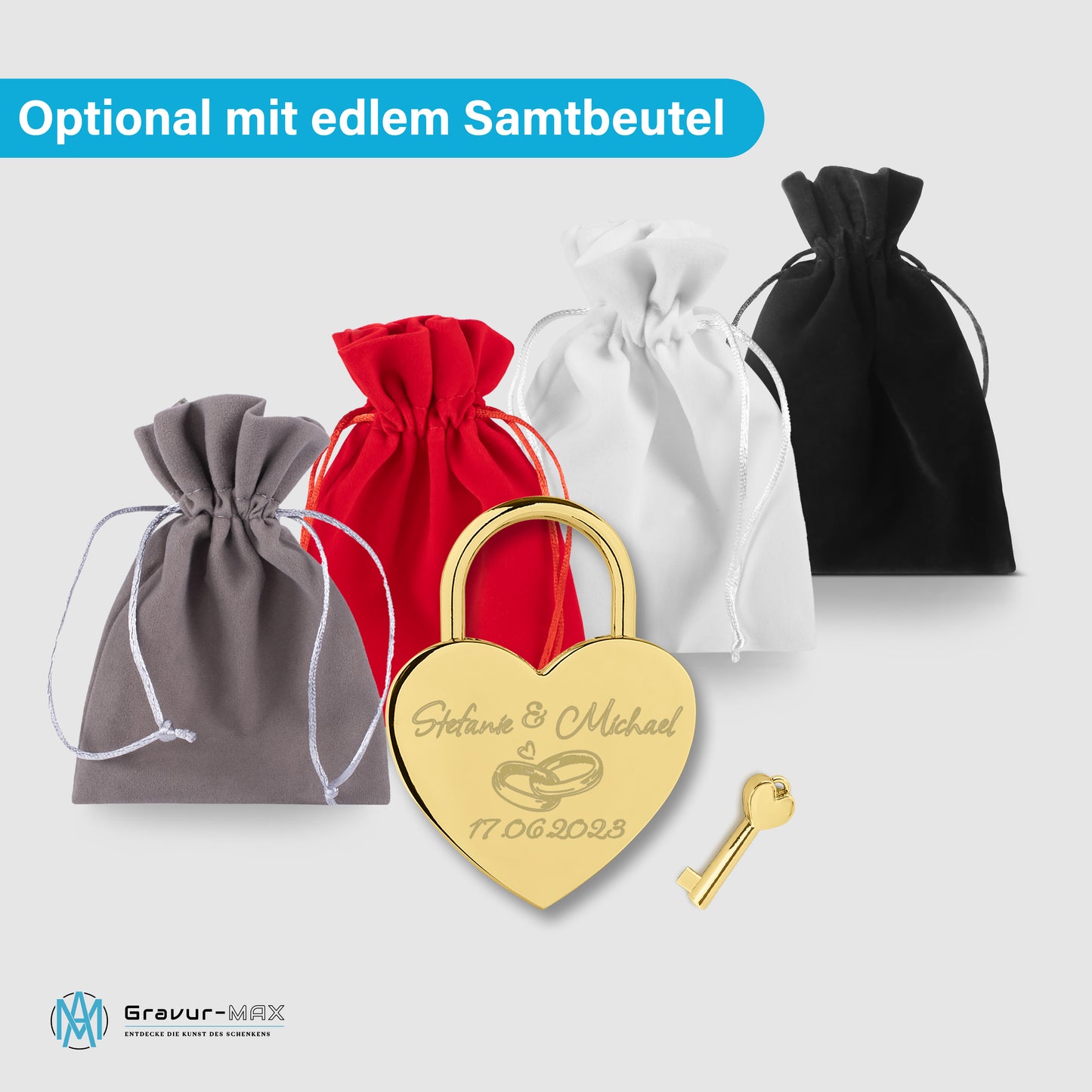 Herzschloss in Gold mit Gravur "Schlossherz" Liebesschloss personalisiert mit Wunschnamen in 4 ver. Farben