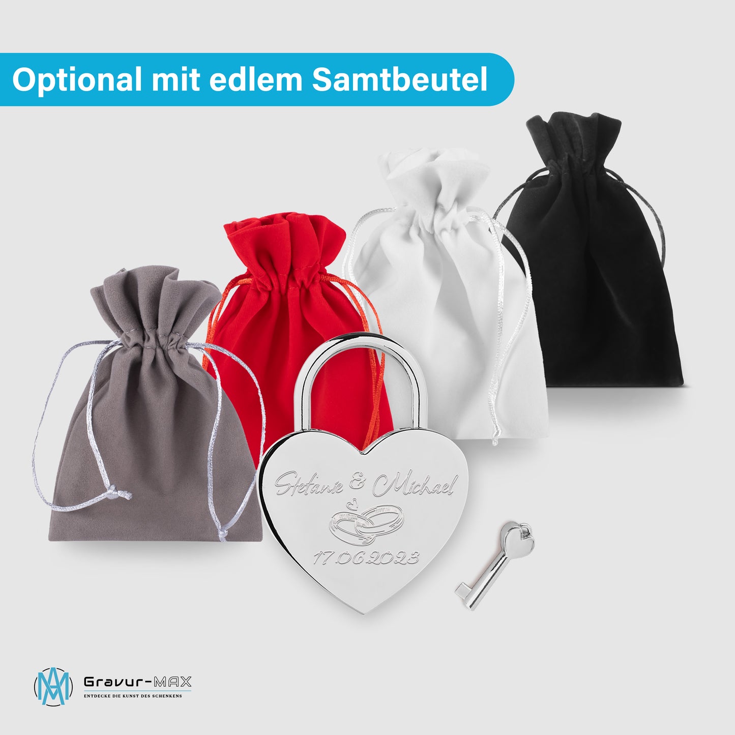 Herzschloss in Silber mit Gravur "Unendlich in LOVE" Liebesschloss personalisiert mit Wunschnamen in 4 ver. Farben