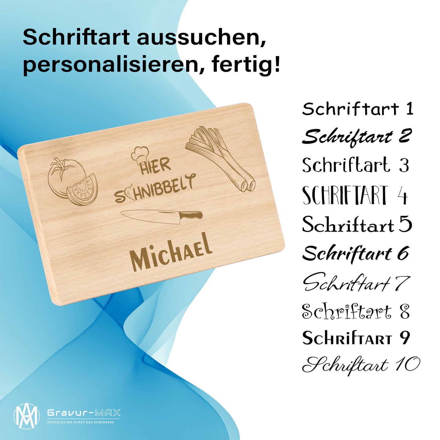 Frühstücksbrettchen mit Gravur "HIER SCHNIBBELT" mit Wunschname