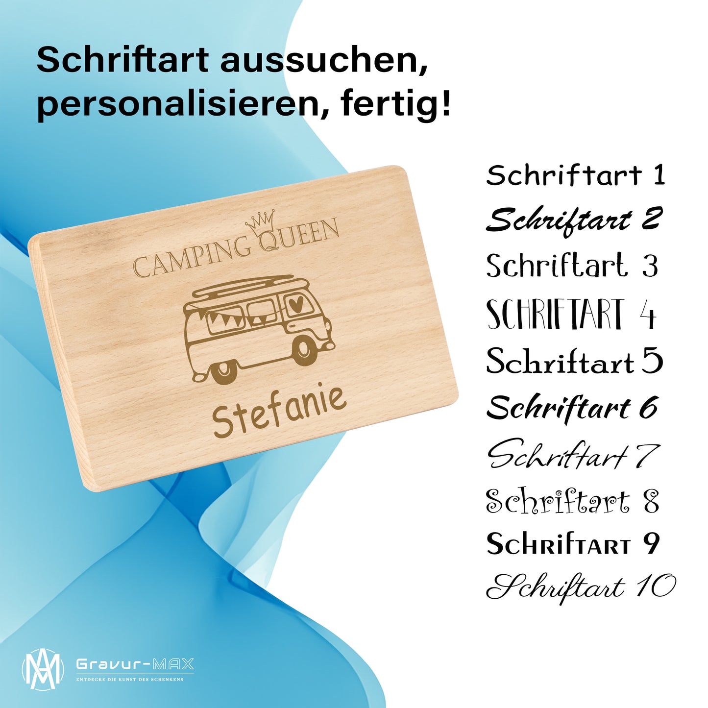 Frühstücksbrettchen mit Gravur Camping "BULLI CAMPING Queen" mit Wunschname