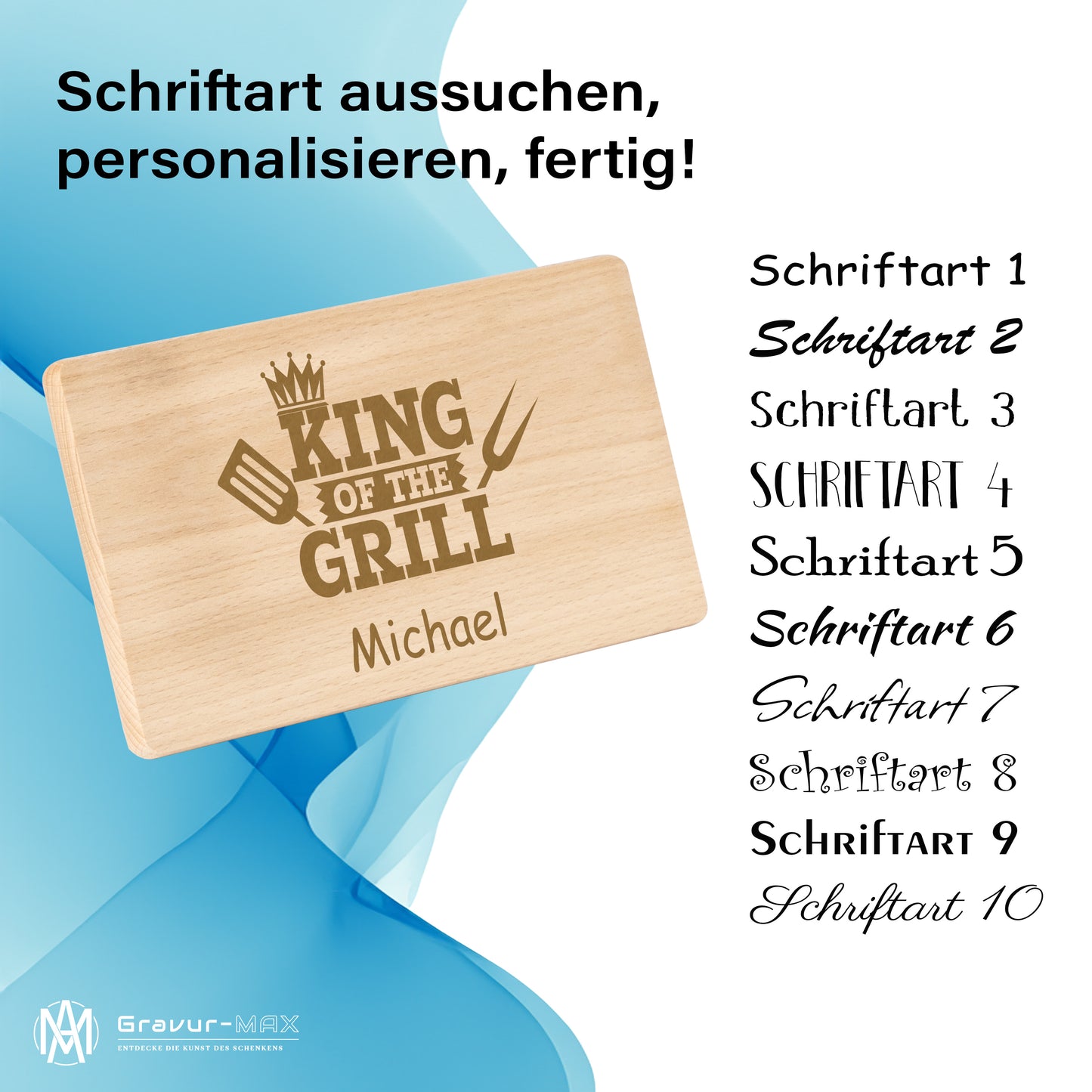 Frühstücksbrettchen mit Gravur BBQ "KING OF THE GRILL" mit Wunschname