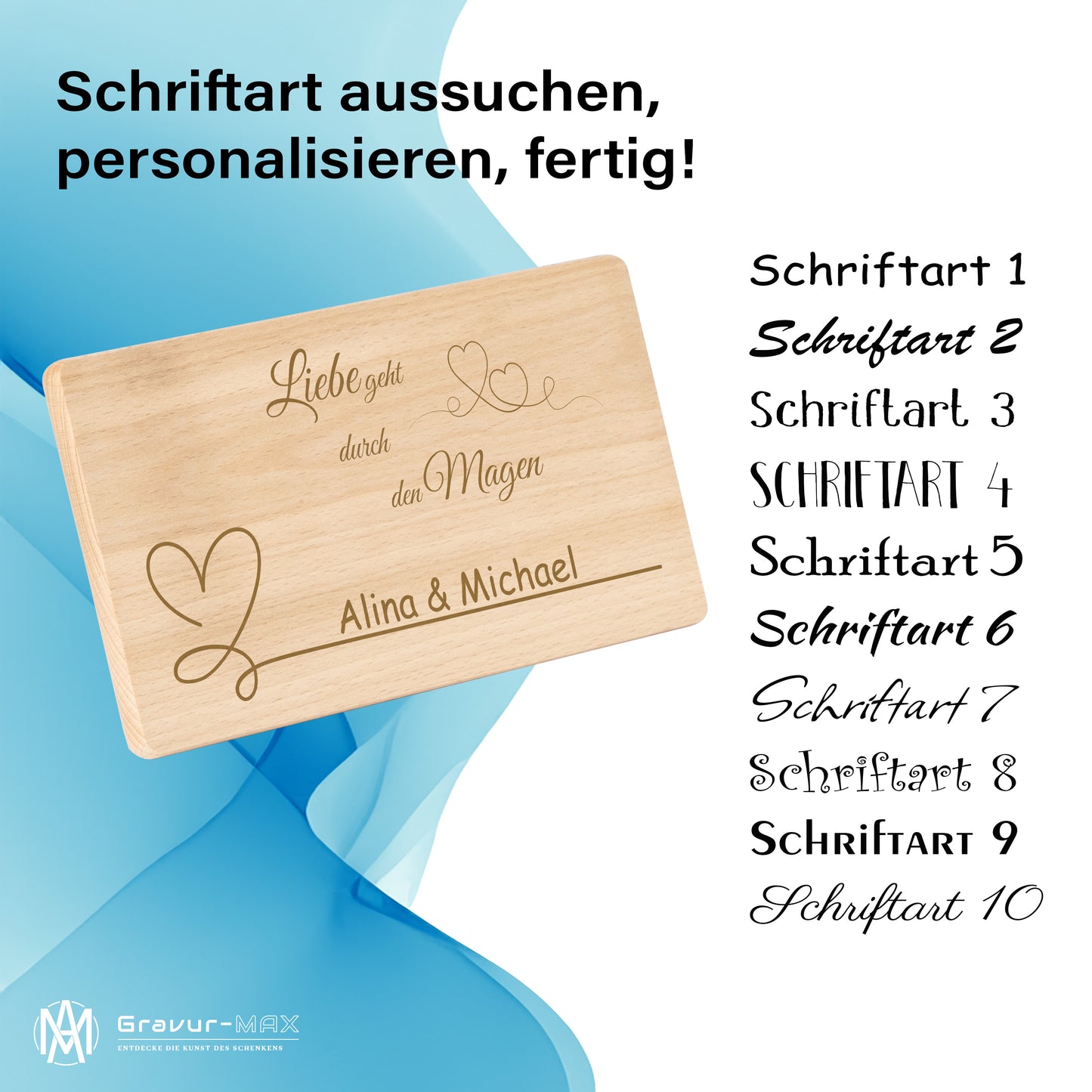 Frühstücksbrettchen mit Gravur "LIEBE GEHT DURCH DEN MAGEN" mit Wunschname