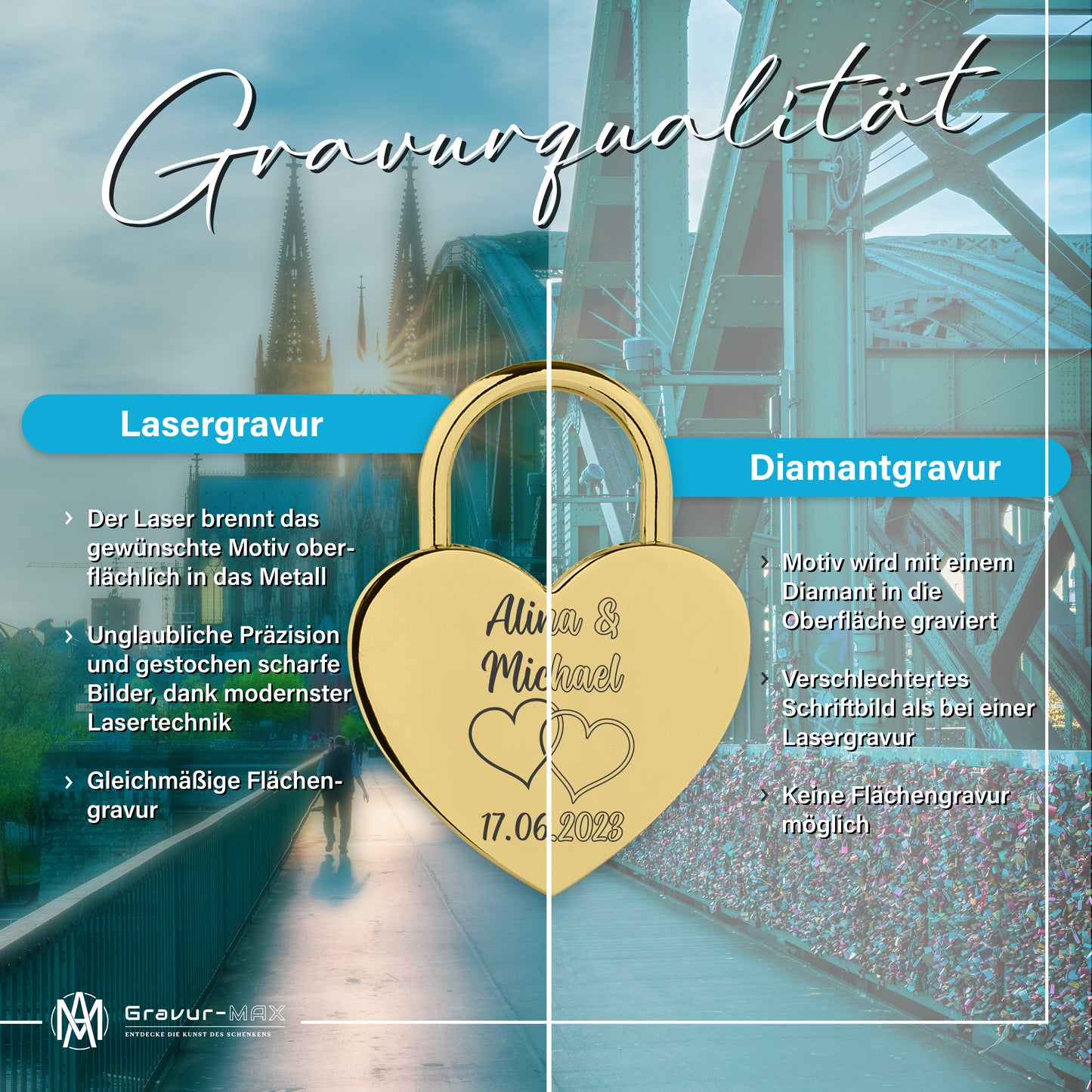 Herzschloss in Gold mit Gravur "Amor" Liebesschloss personalisiert mit Wunschnamen in 4 ver. Farben