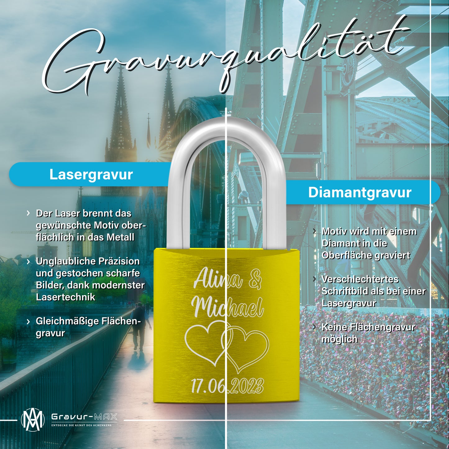 Liebesschloss in Gelb mit Gravur "Herzen" personalisiert mit Wunschnamen in 6 ver. Farben